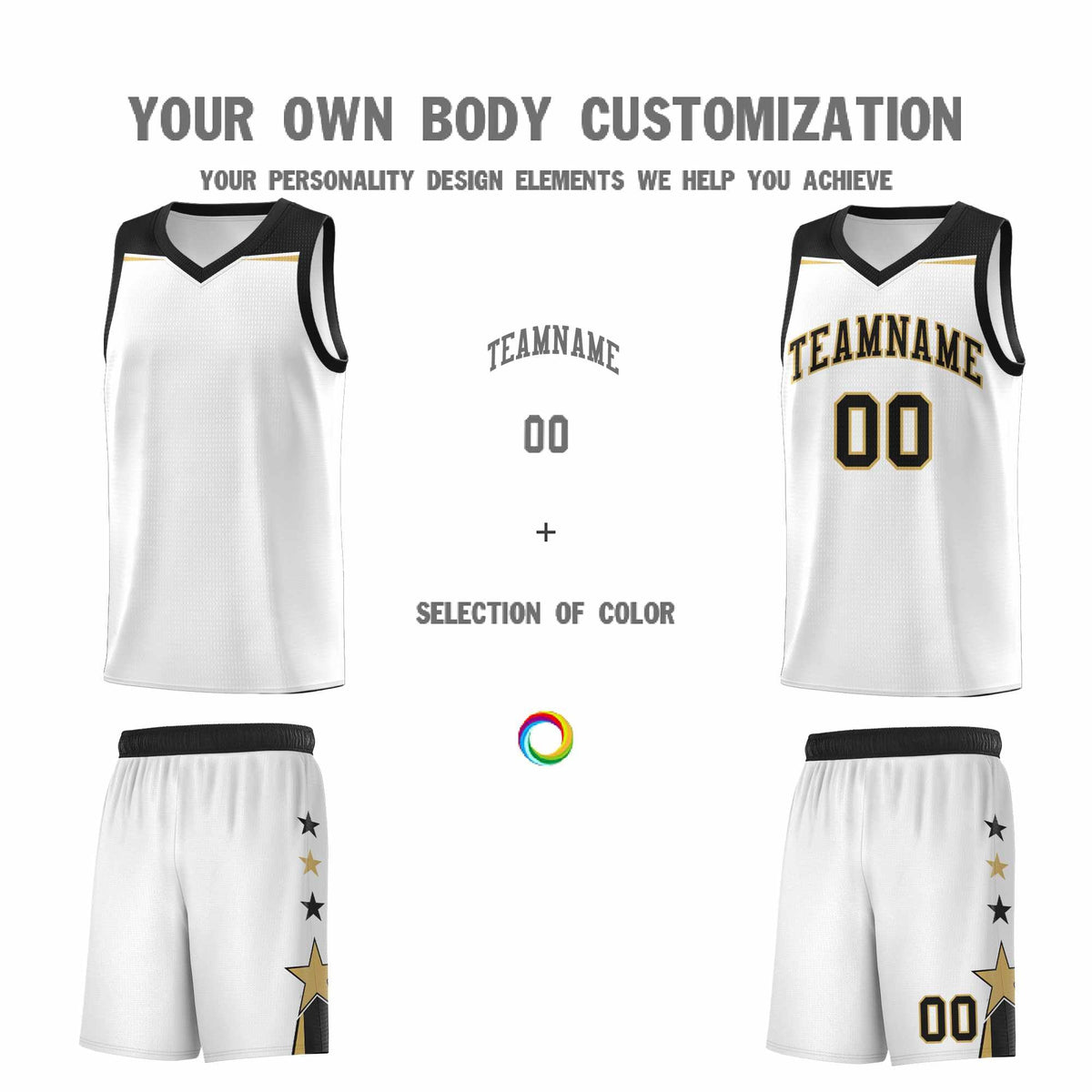 Custom Youth Basketball Uniform White Black Two Tone Side Star Add Name Number &amp; Logo