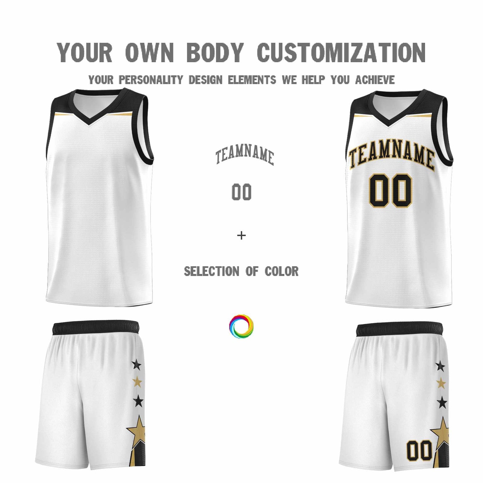 Custom Youth Basketball Uniform White Black Two Tone Side Star Add Name Number & Logo