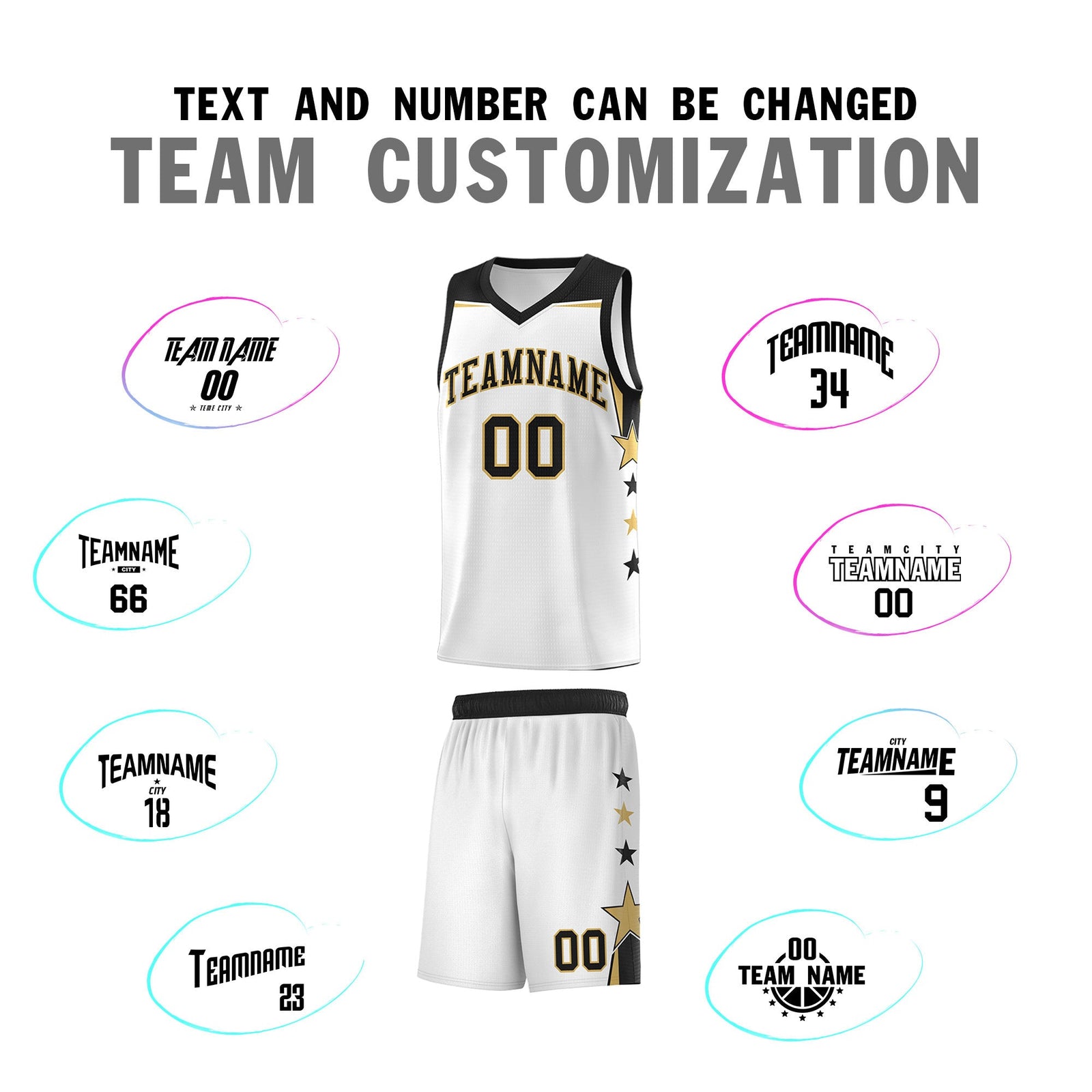 Custom Youth Basketball Uniform White Black Two Tone Side Star Add Name Number & Logo