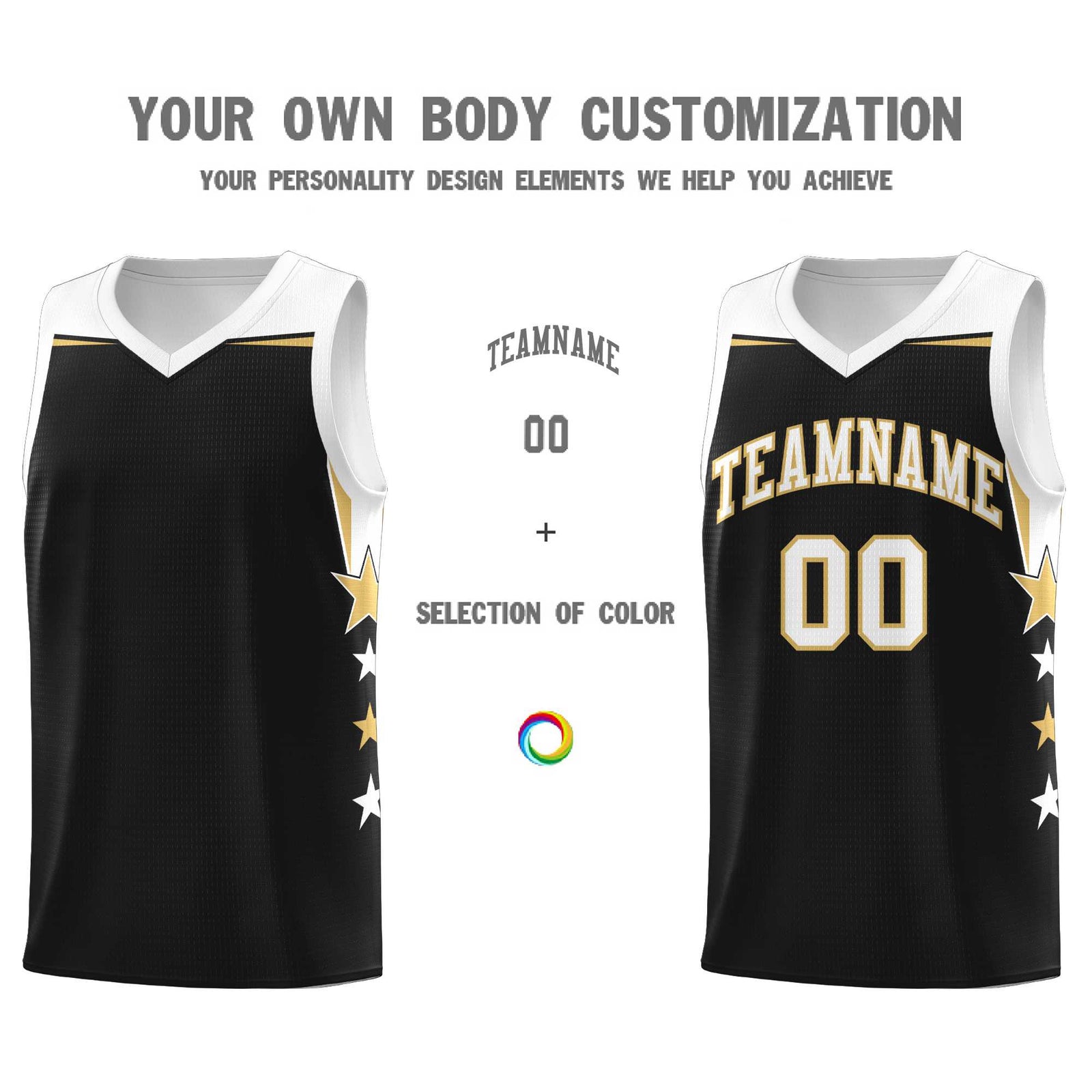 Custom Youth Basketball Uniform Black White Two Tone Side Star Personalized Team Jersey