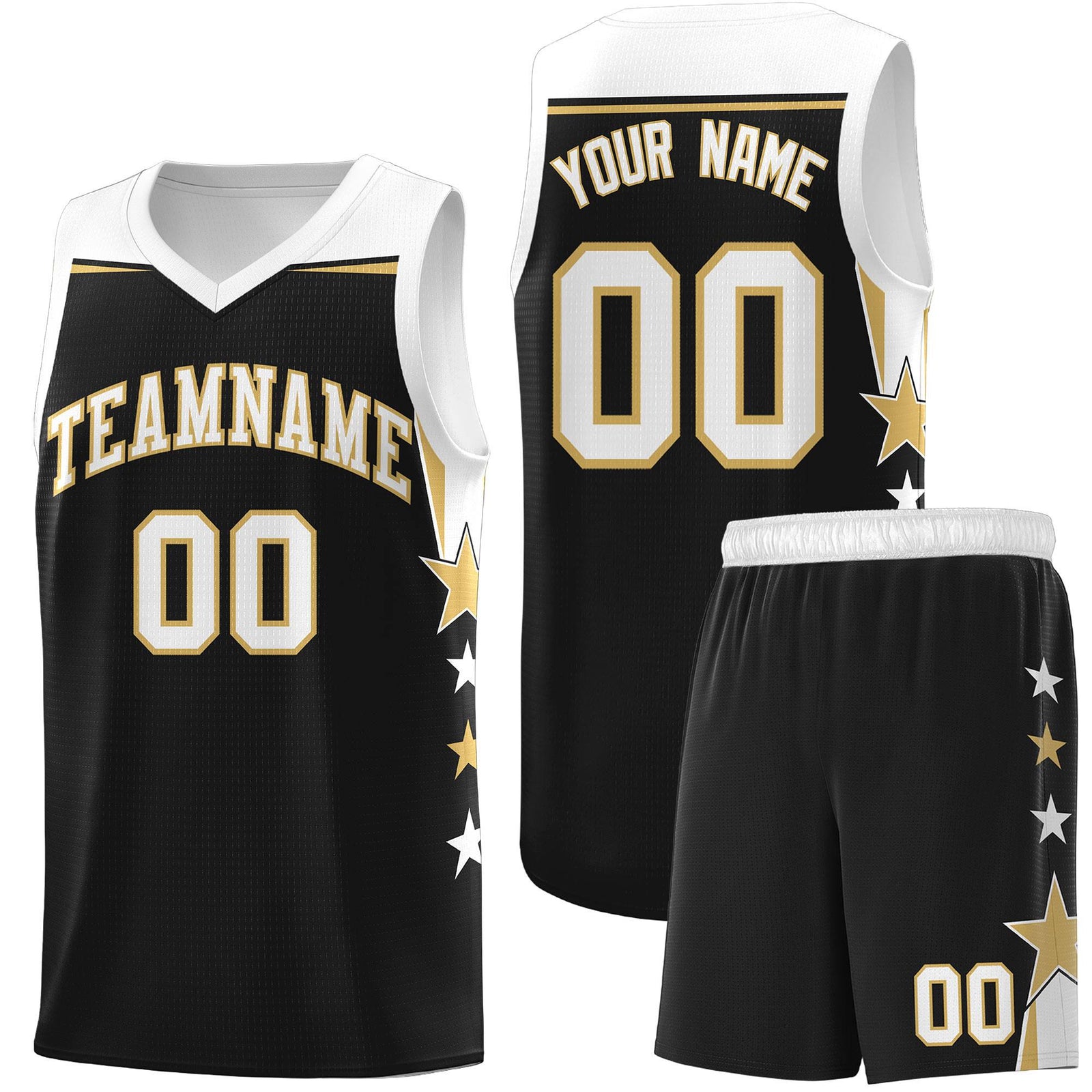 Custom Youth Basketball Uniform Black White Two Tone Side Star Personalized Team Jersey