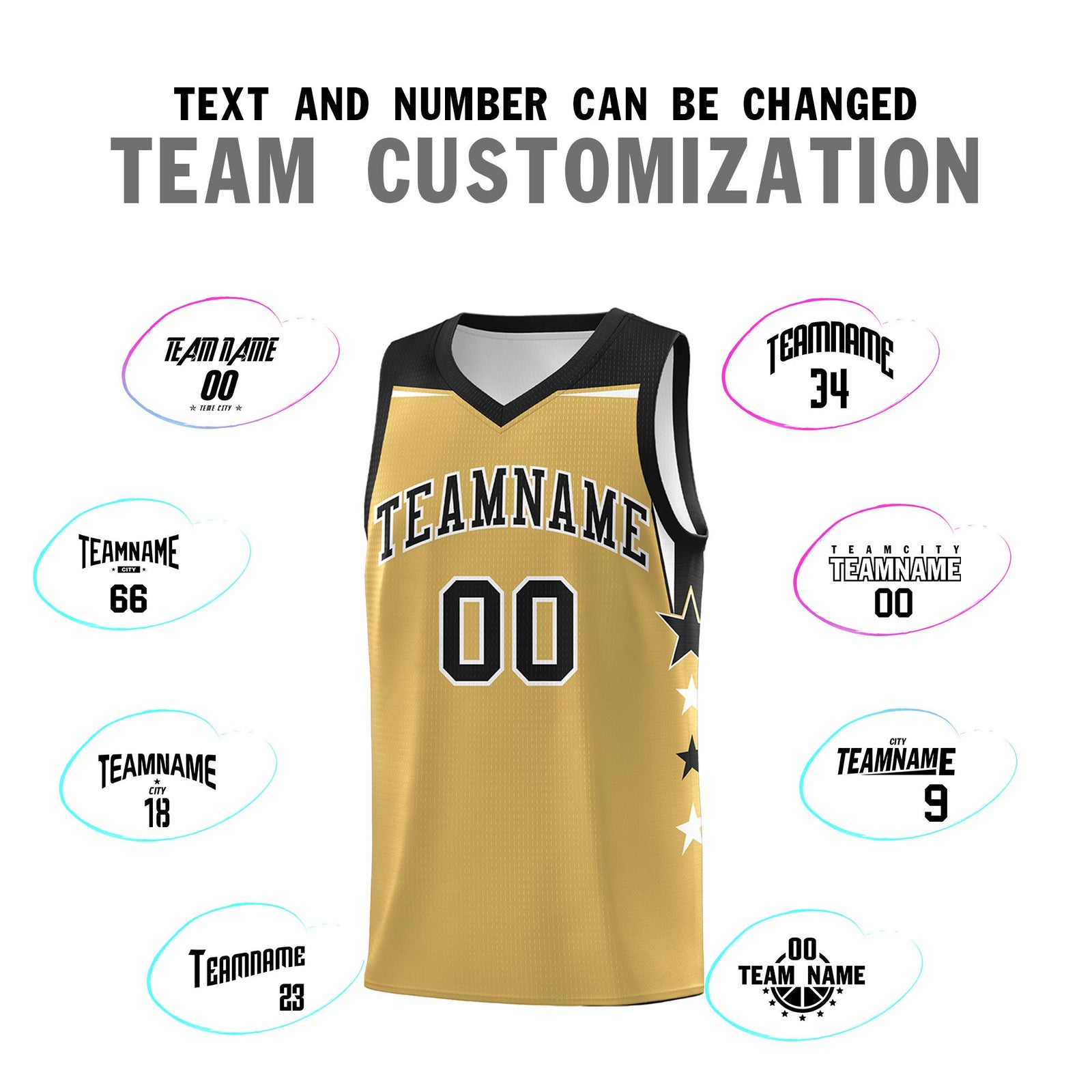 Custom Youth Basketball Uniform Old Gold Black Two Tone Side Star Color Block Team Jersey
