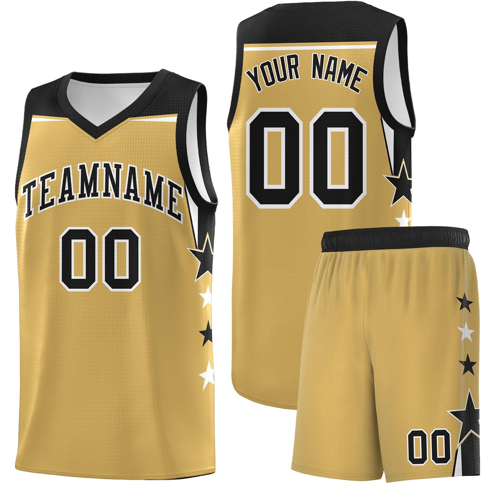 Custom Youth Basketball Uniform Old Gold Black Two Tone Side Star Color Block Team Jersey
