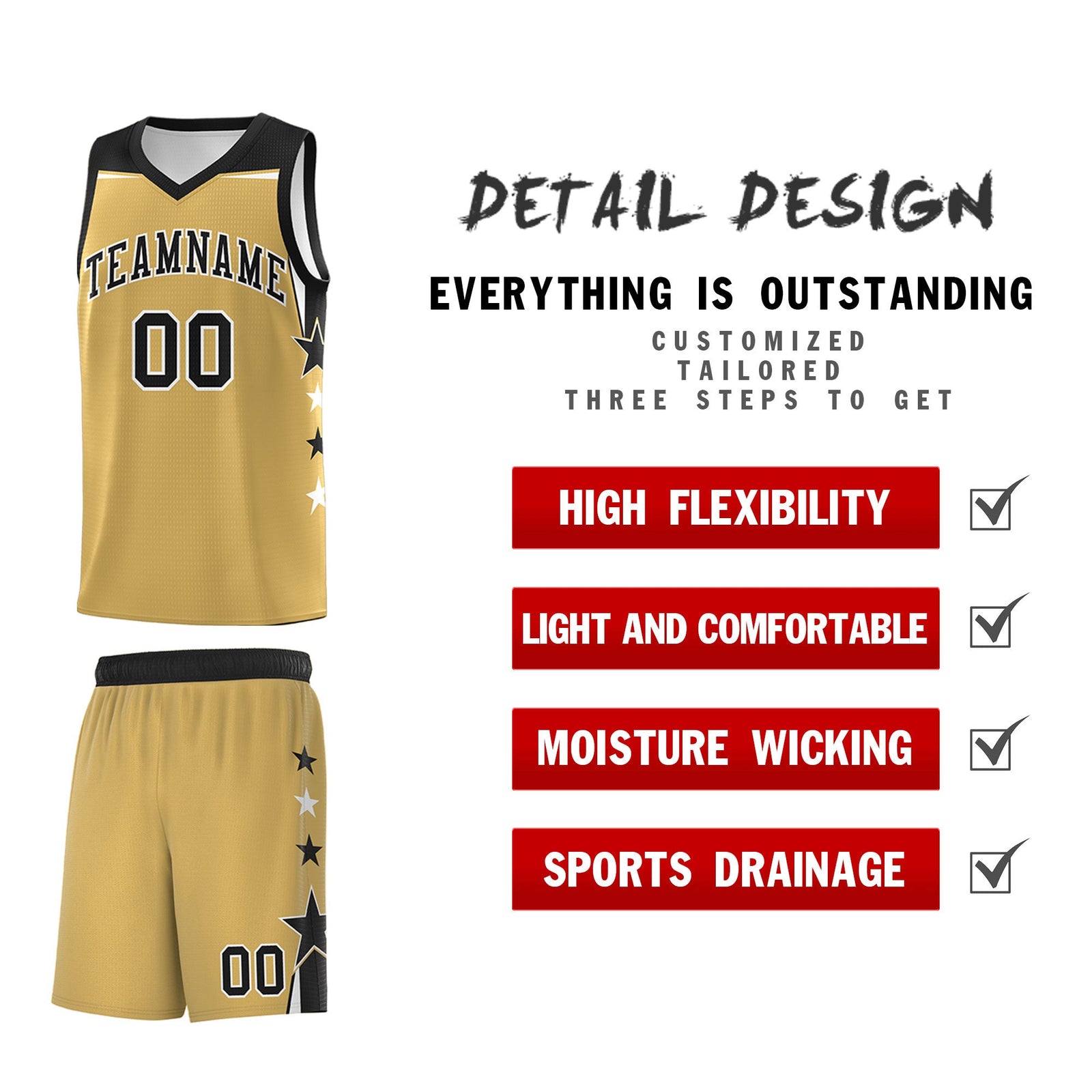 Custom Youth Basketball Uniform Old Gold Black Two Tone Side Star Color Block Team Jersey