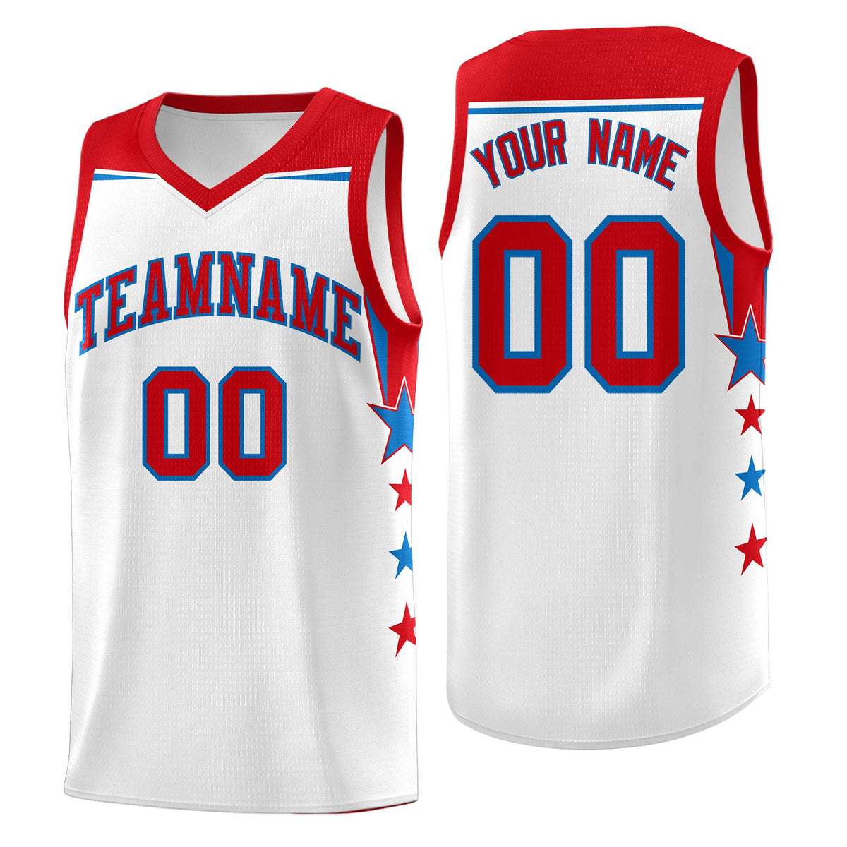 Custom Youth Basketball Uniform White Red Two Tone Side Star Add Name Number &amp; Logo