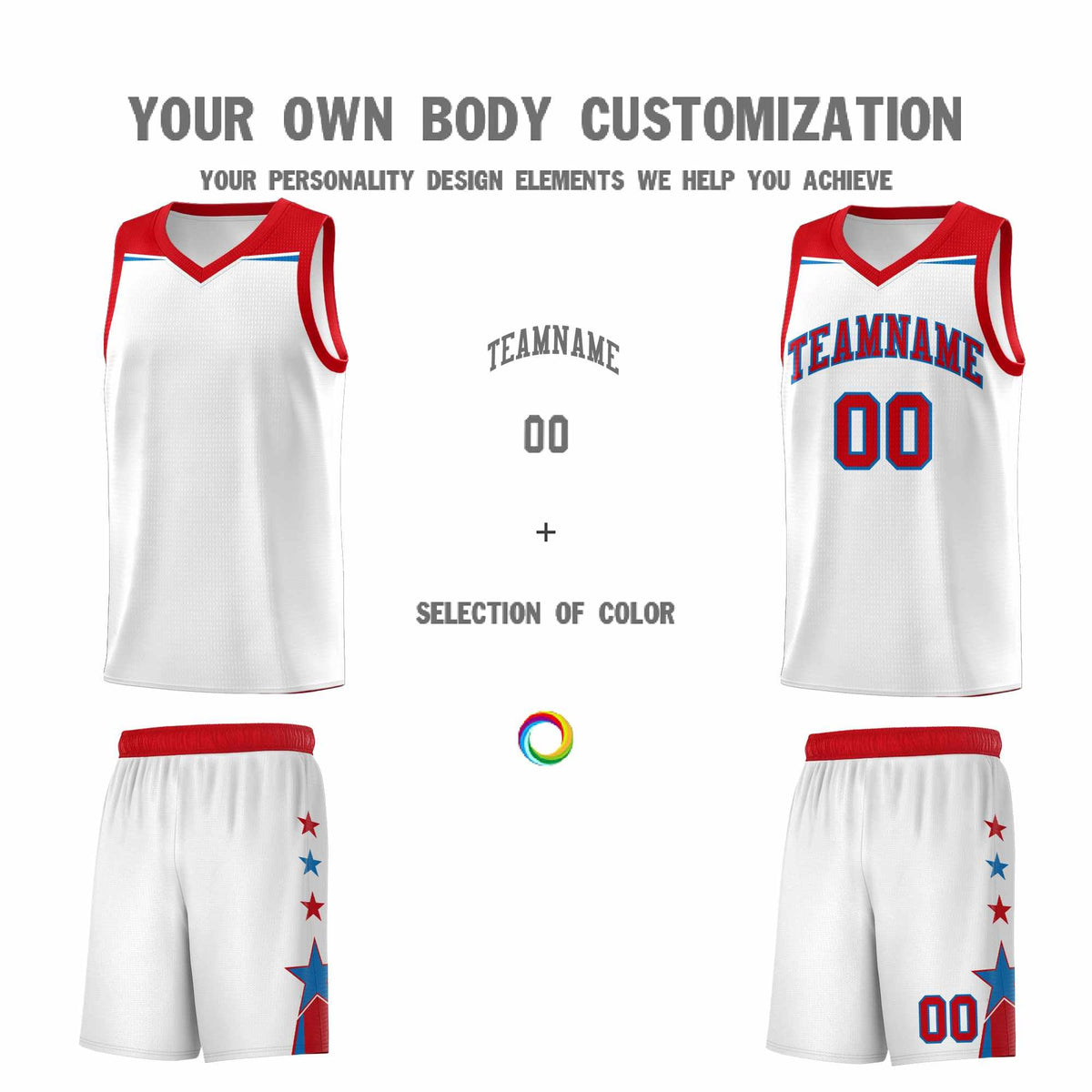 Custom Youth Basketball Uniform White Red Two Tone Side Star Add Name Number &amp; Logo