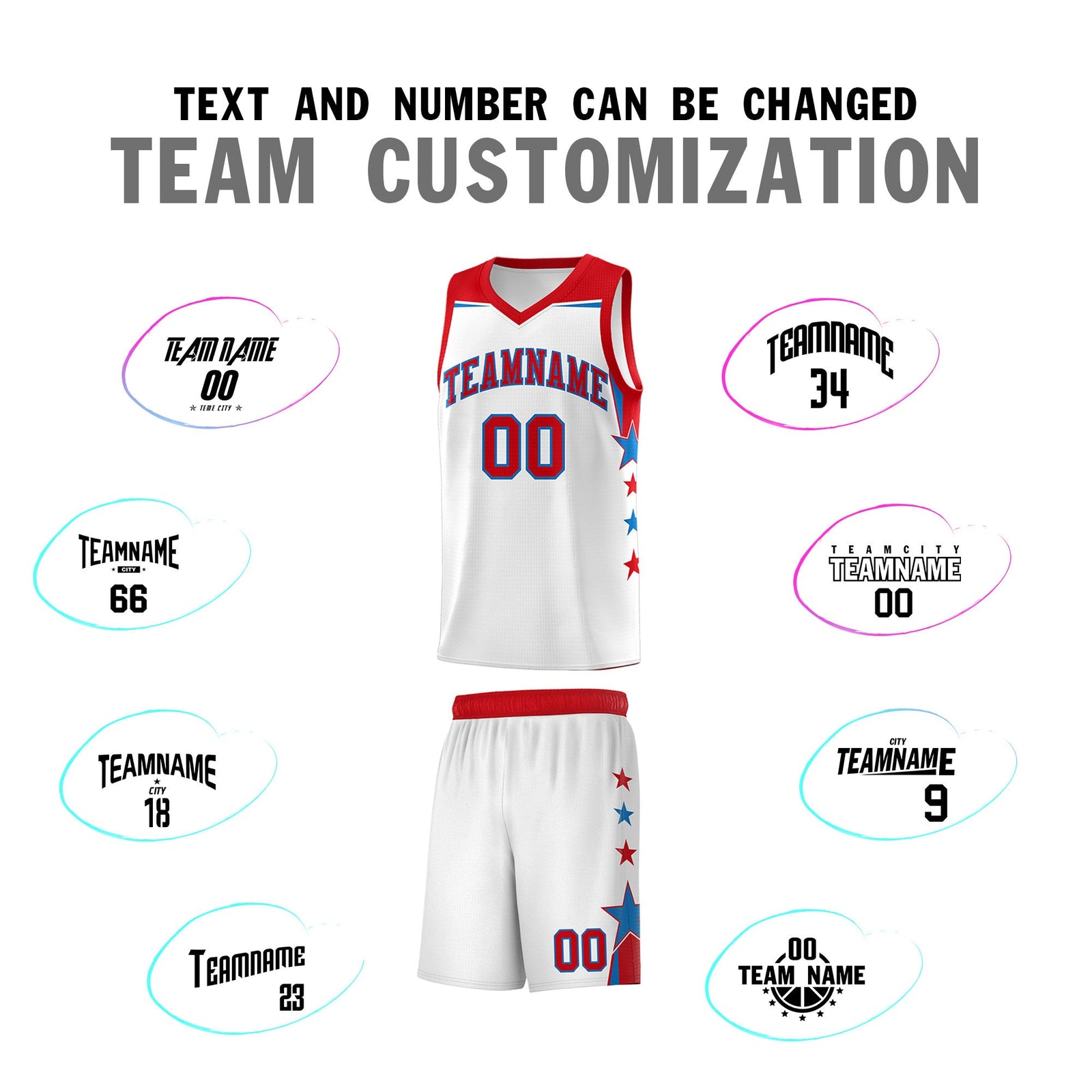 Custom Youth Basketball Uniform White Red Two Tone Side Star Add Name Number & Logo