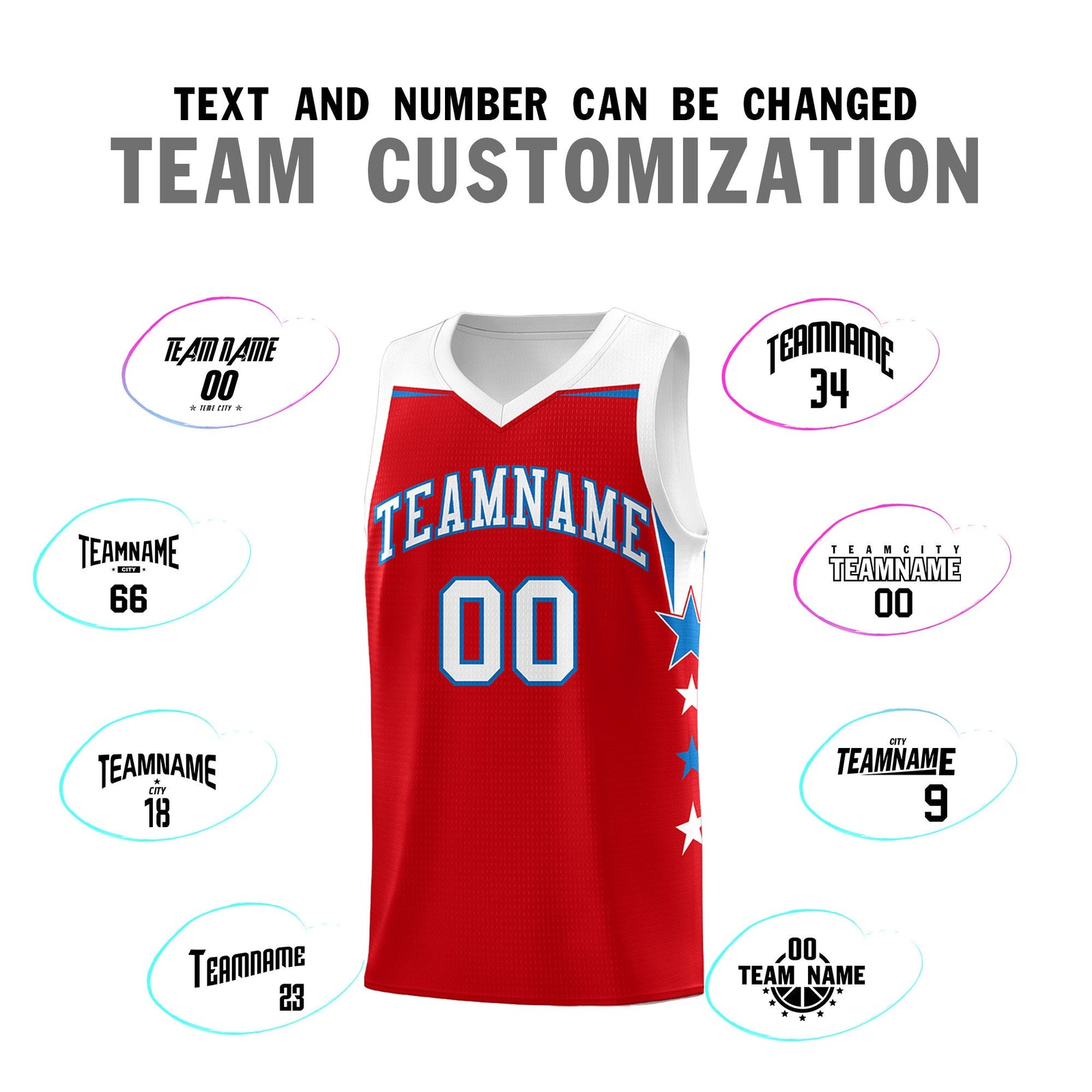 Custom Youth Basketball Uniform Red White Two Tone Side Star Personalized Team Jersey