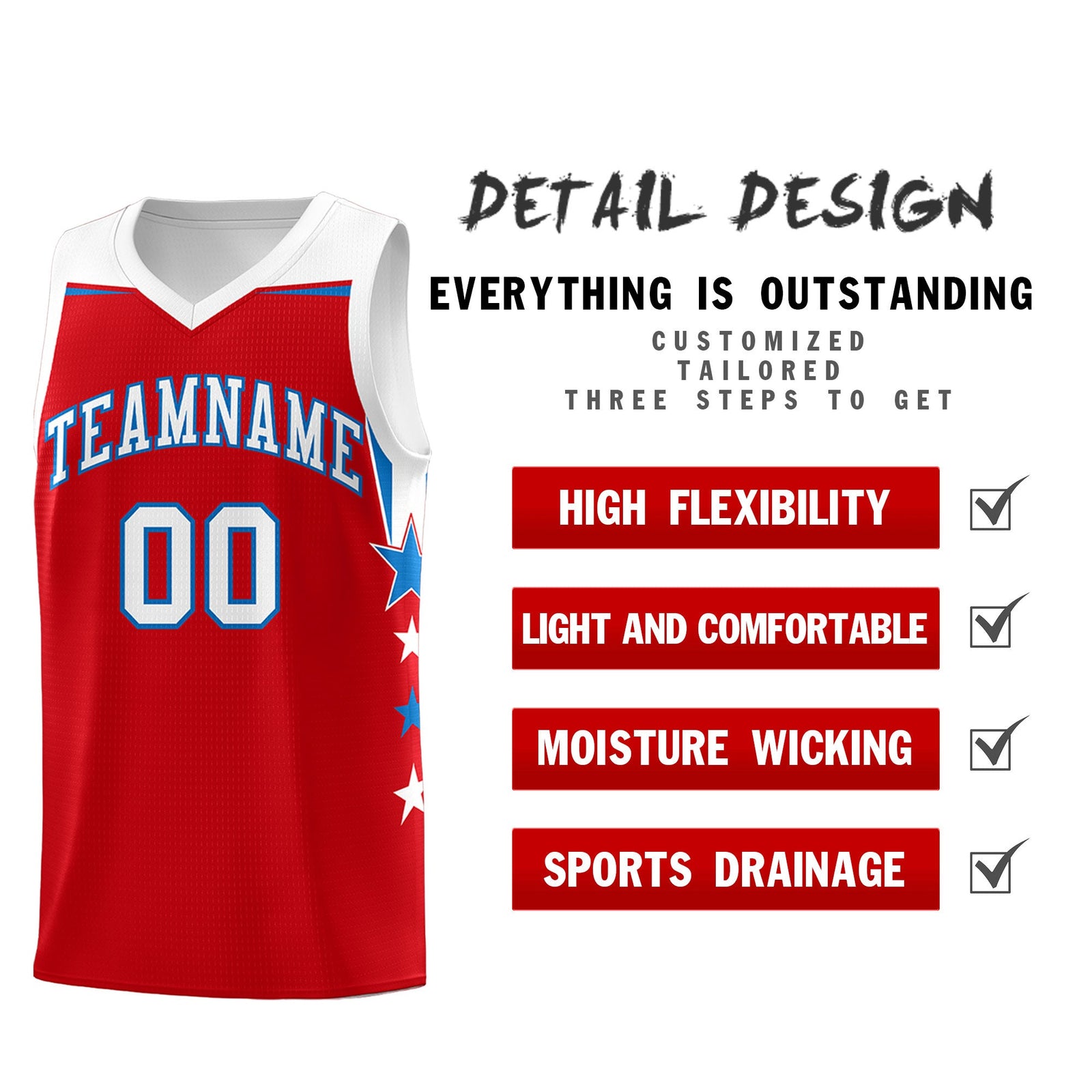Custom Youth Basketball Uniform Red White Two Tone Side Star Personalized Team Jersey