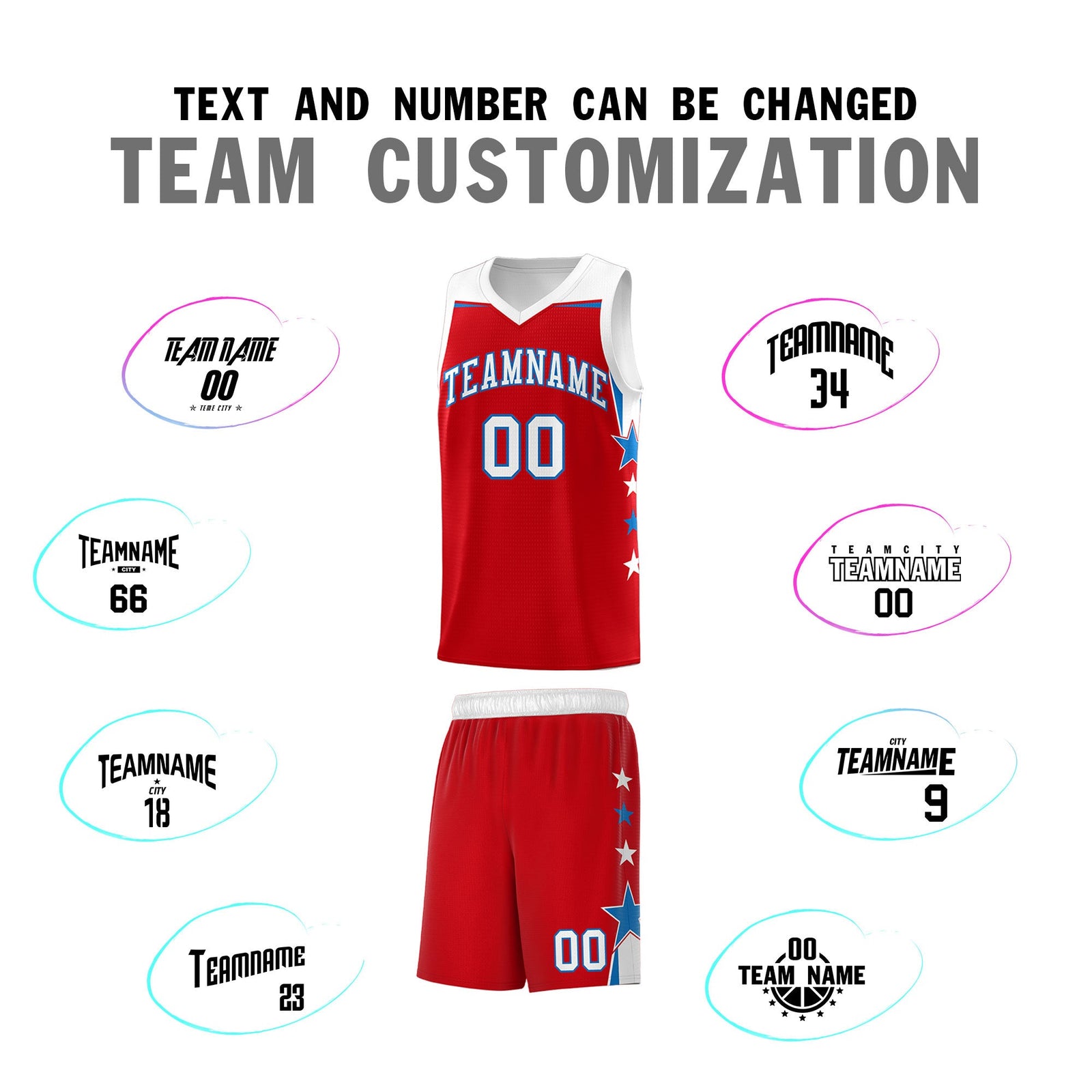 Custom Youth Basketball Uniform Red White Two Tone Side Star Personalized Team Jersey
