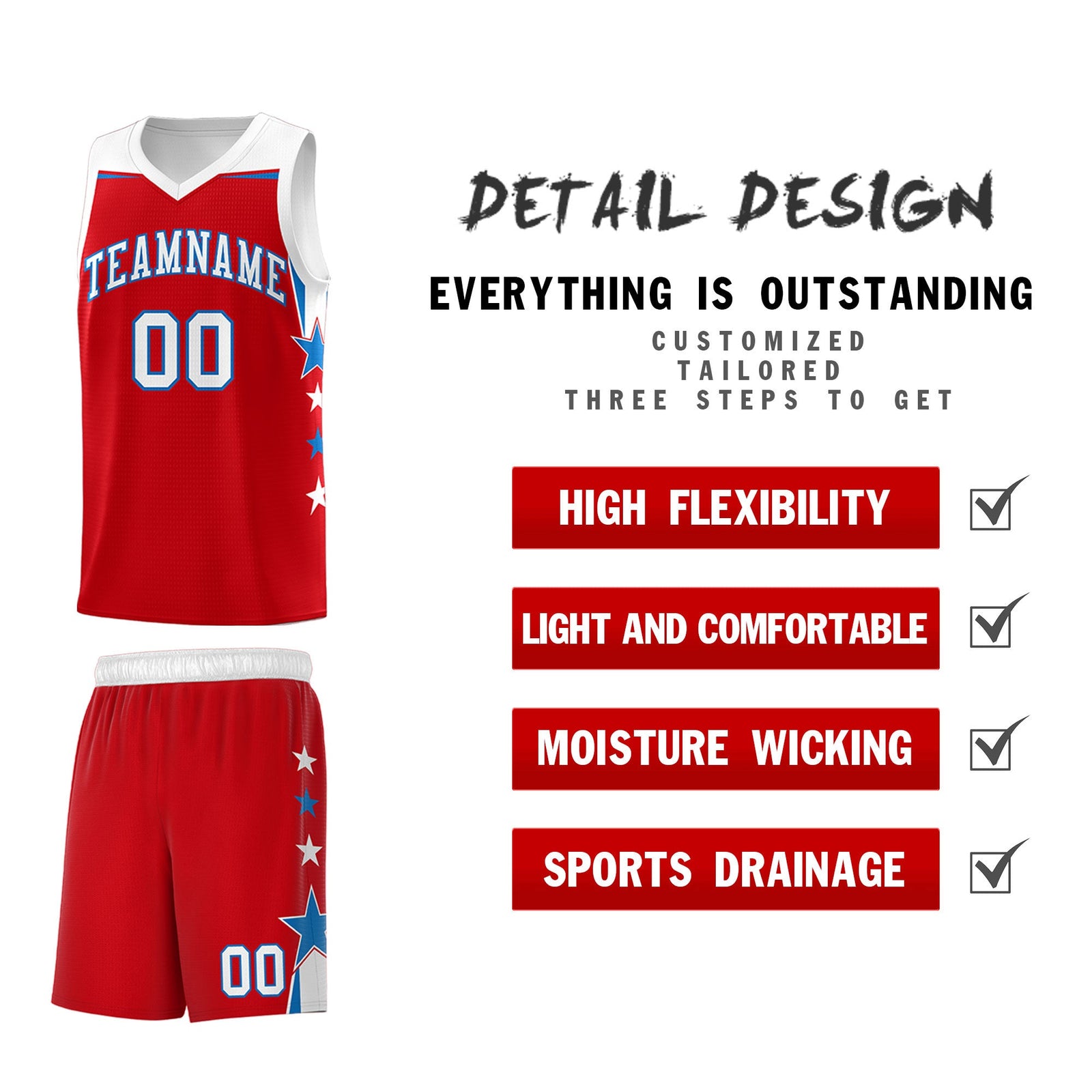 Custom Youth Basketball Uniform Red White Two Tone Side Star Personalized Team Jersey