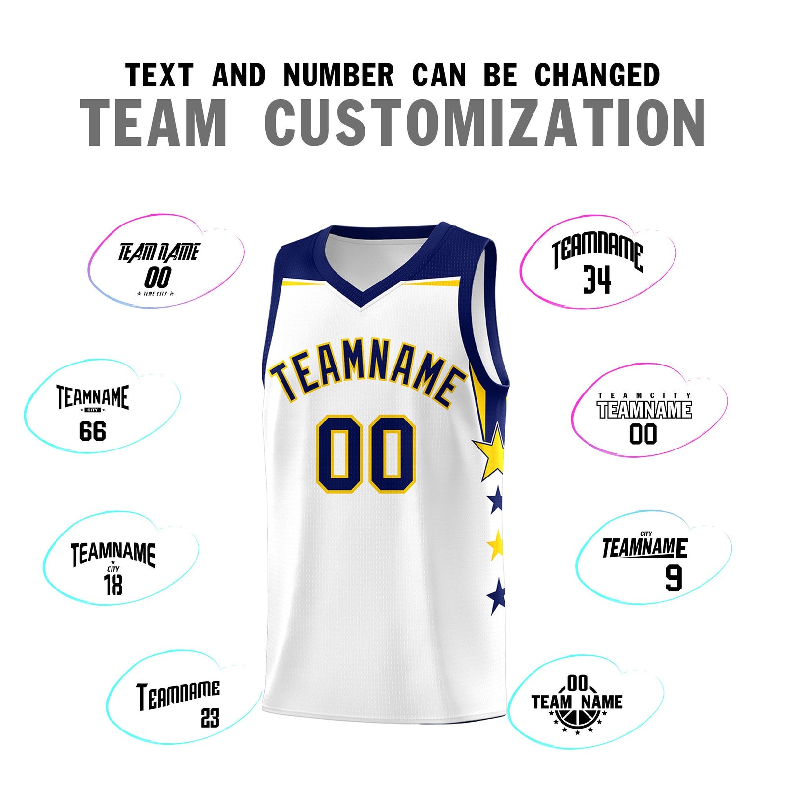Custom Youth Basketball Uniform White Navy Two Tone Side Star Personalized Team Jersey