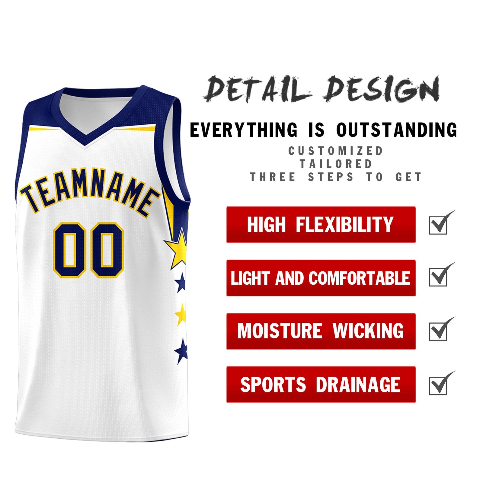 Custom Youth Basketball Uniform White Navy Two Tone Side Star Personalized Team Jersey