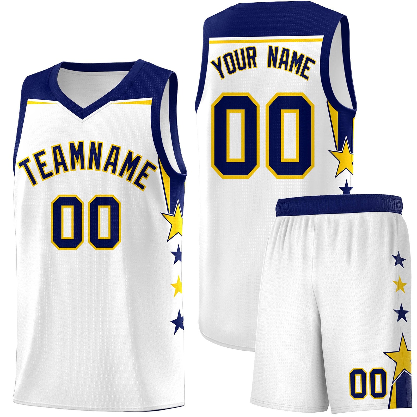 Custom Youth Basketball Uniform White Navy Two Tone Side Star Personalized Team Jersey