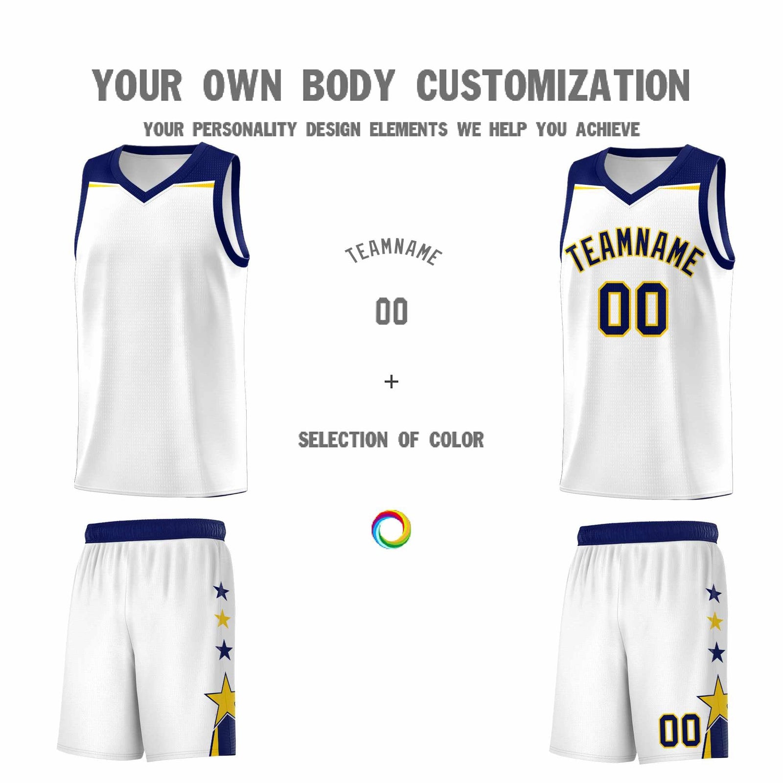 Custom Youth Basketball Uniform White Navy Two Tone Side Star Personalized Team Jersey