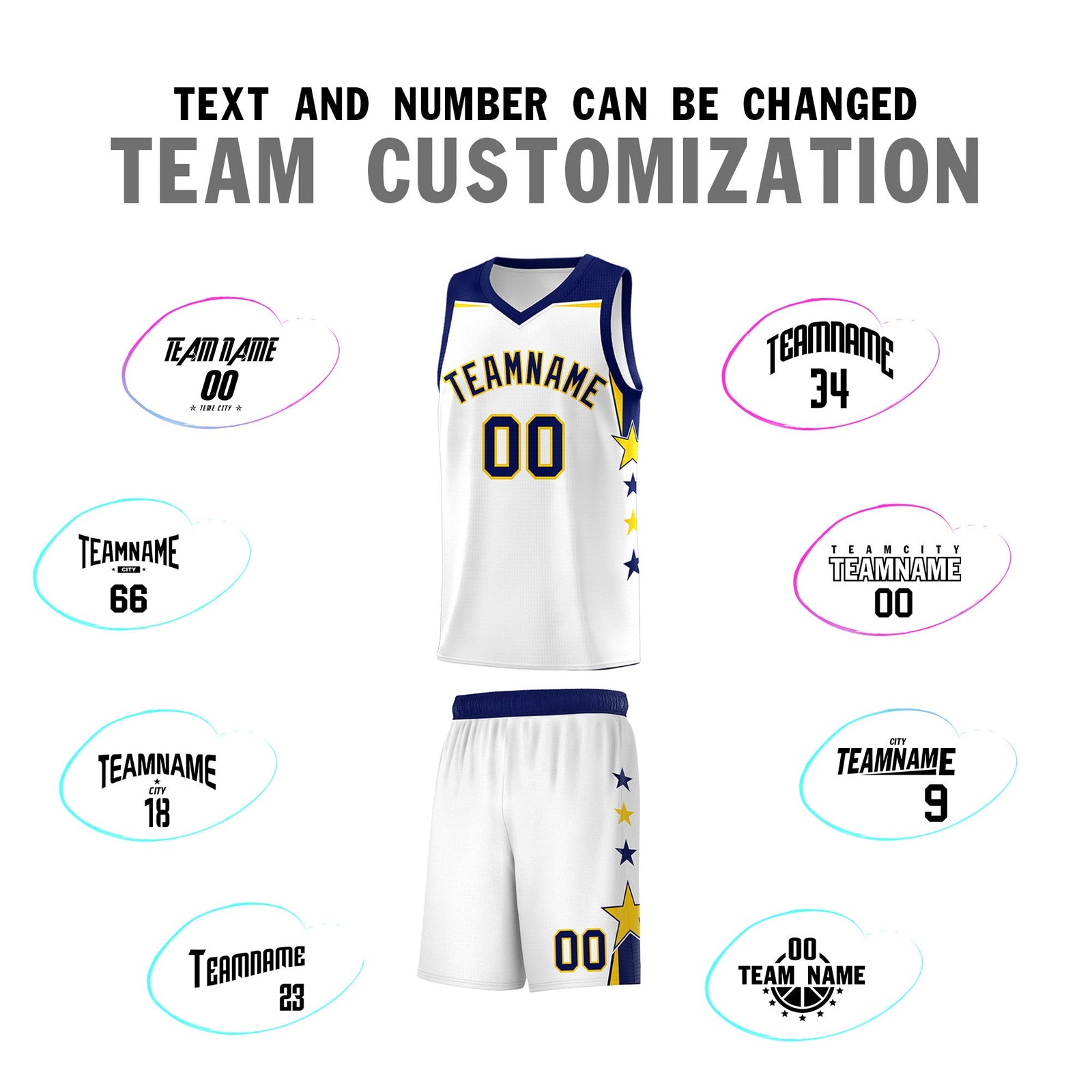 Custom Youth Basketball Uniform White Navy Two Tone Side Star Personalized Team Jersey