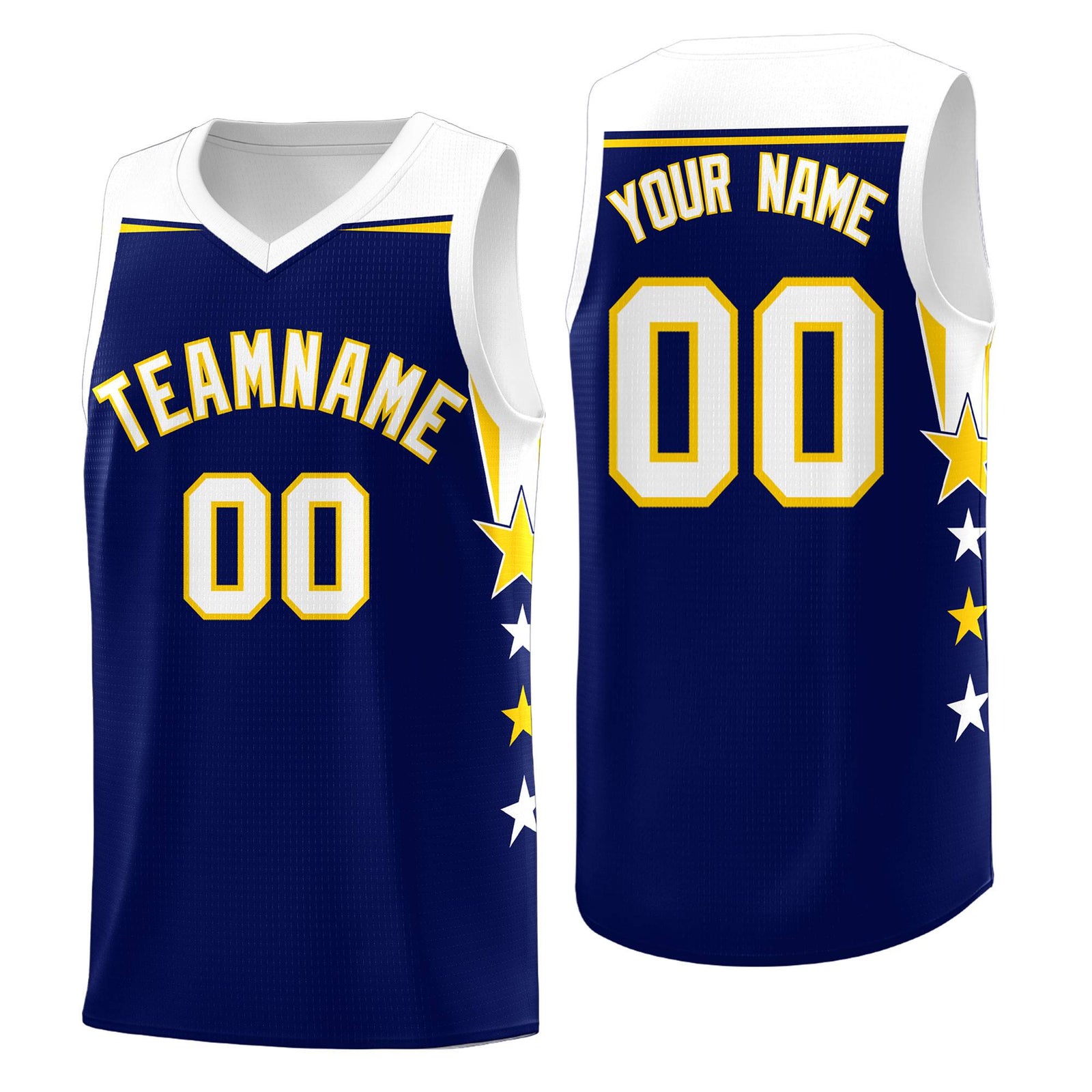 Custom Youth Basketball Uniform Navy White Two Tone Side Star Add Name Number & Logo