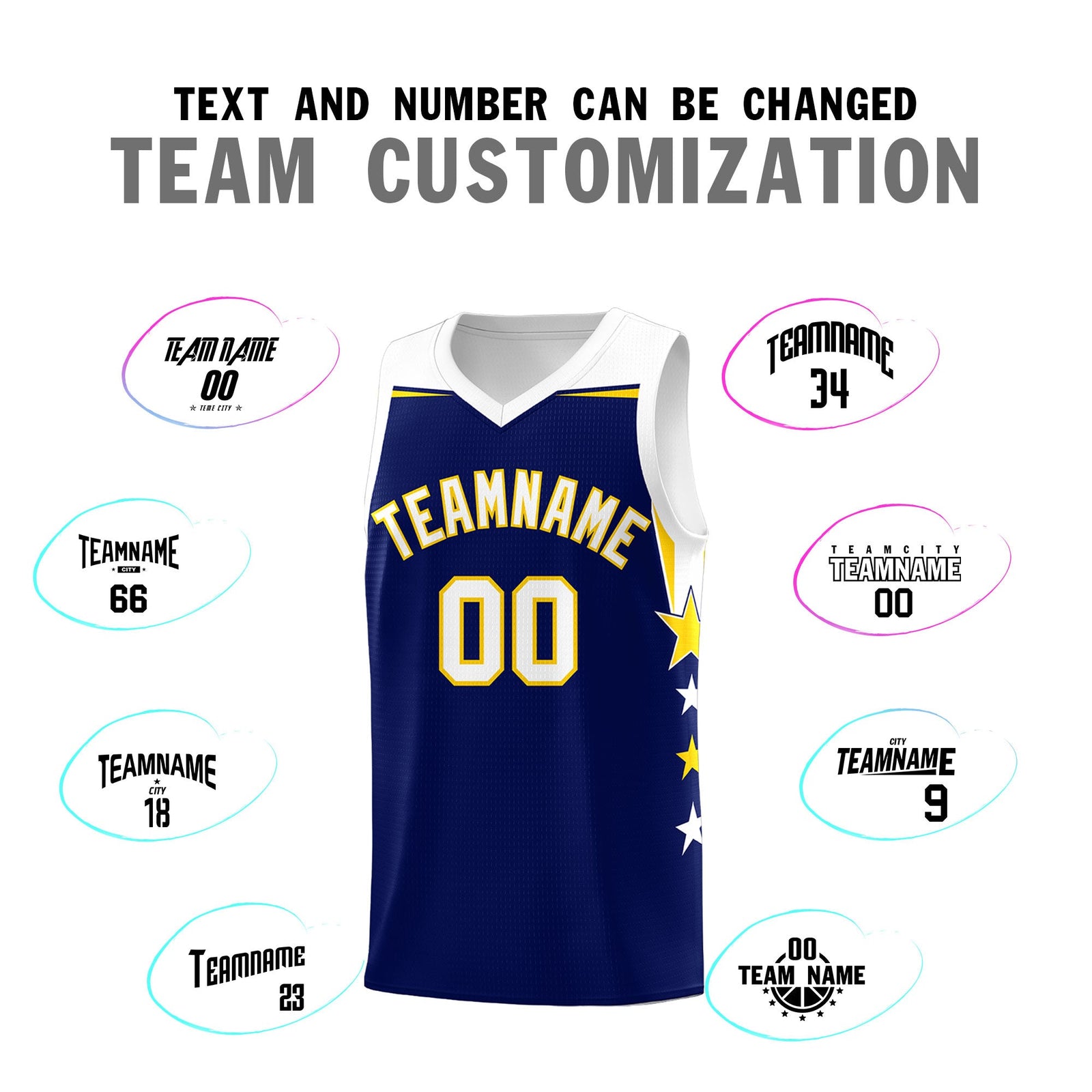 Custom Youth Basketball Uniform Navy White Two Tone Side Star Add Name Number & Logo