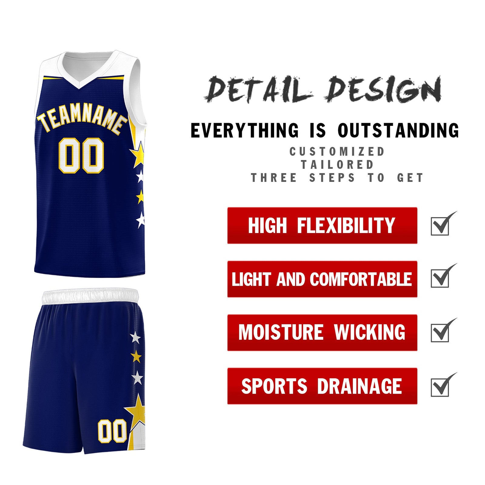 Custom Youth Basketball Uniform Navy White Two Tone Side Star Add Name Number & Logo