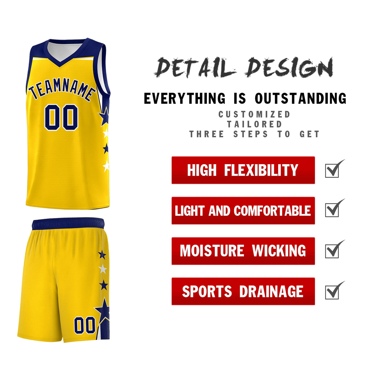 Custom Youth Basketball Uniform Gold Navy Two Tone Side Star Personalized Team Jersey