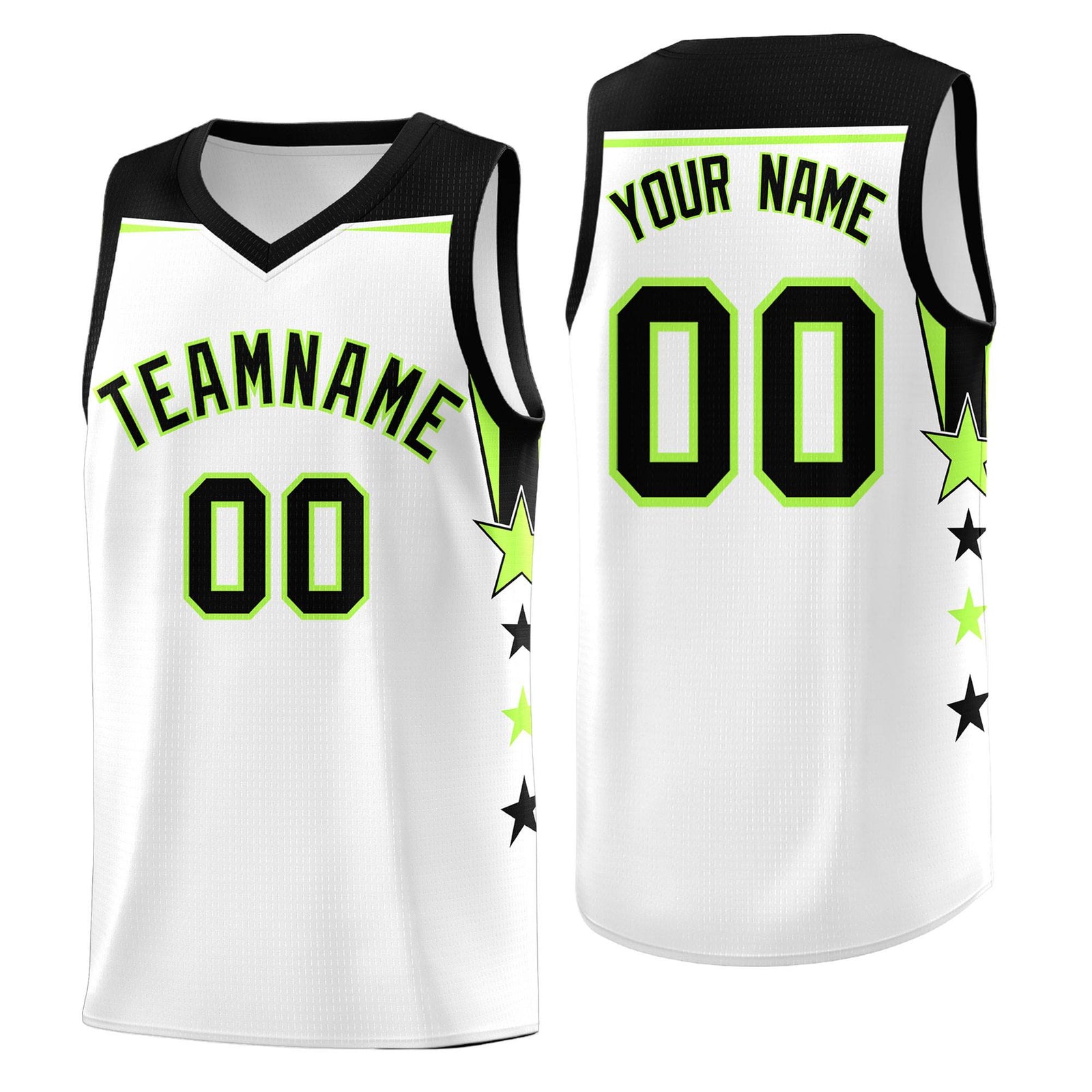 Custom Youth Basketball Uniform White Black Two Tone Side Star Add Name Number & Logo