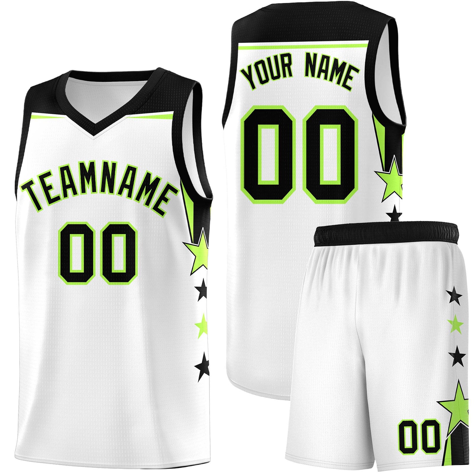 Custom Youth Basketball Uniform White Black Two Tone Side Star Add Name Number & Logo