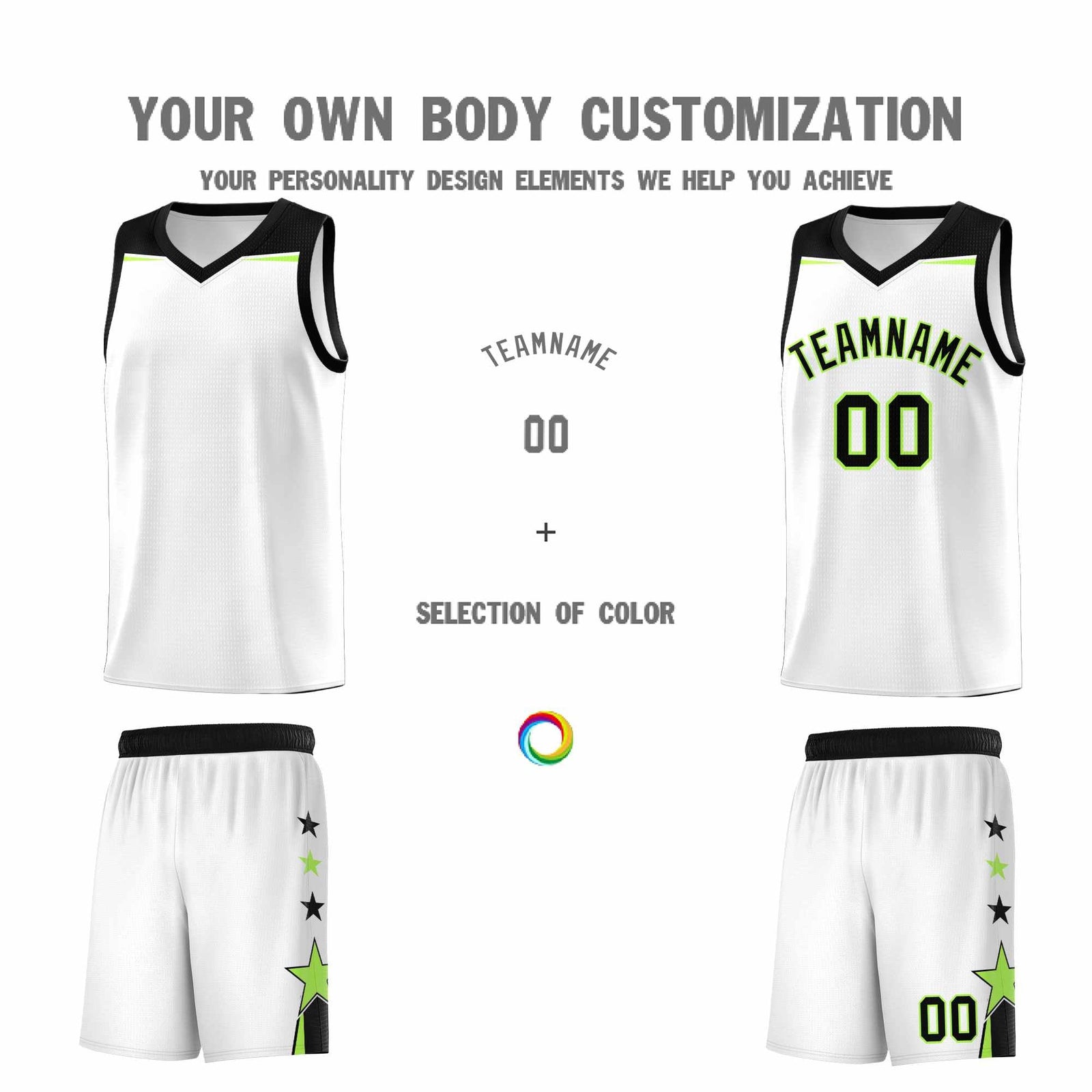 Custom Youth Basketball Uniform White Black Two Tone Side Star Add Name Number & Logo