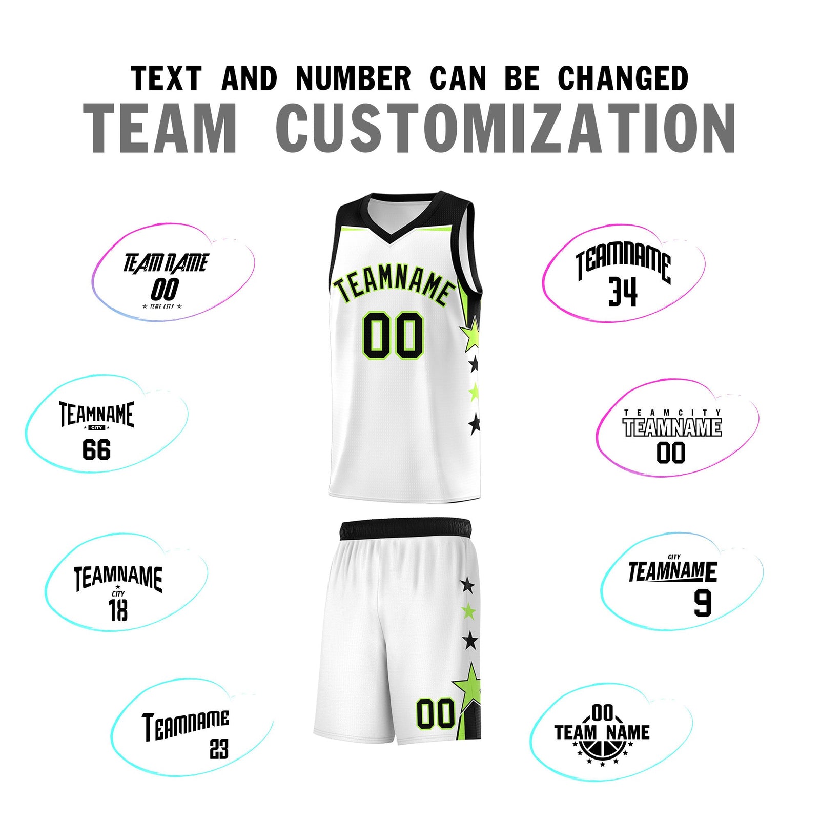 Custom Youth Basketball Uniform White Black Two Tone Side Star Add Name Number & Logo