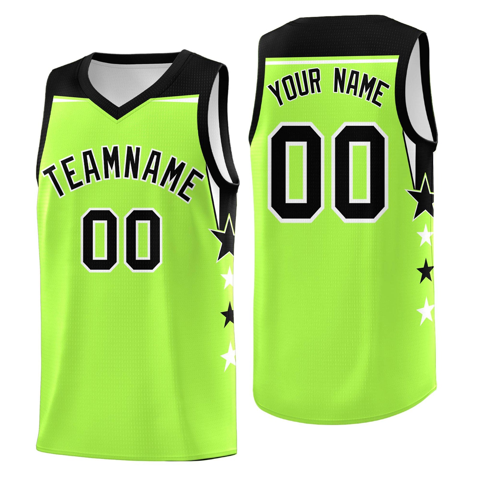 Custom Youth Basketball Uniform Fluorescent Green Black Two Tone Side Star Add Name Number & Logo