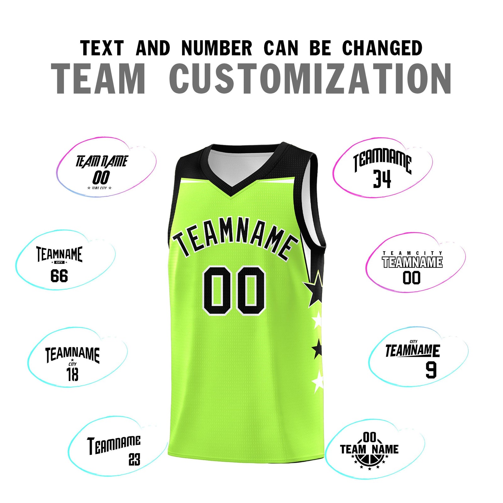 Custom Youth Basketball Uniform Fluorescent Green Black Two Tone Side Star Add Name Number & Logo