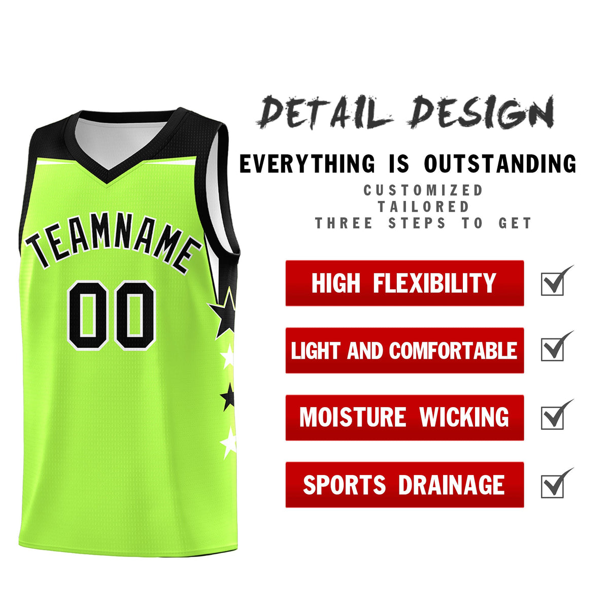 Custom Youth Basketball Uniform Fluorescent Green Black Two Tone Side Star Add Name Number &amp; Logo