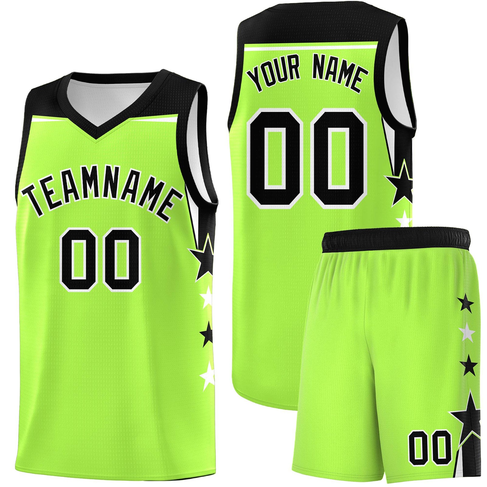 Custom Youth Basketball Uniform Fluorescent Green Black Two Tone Side Star Add Name Number & Logo