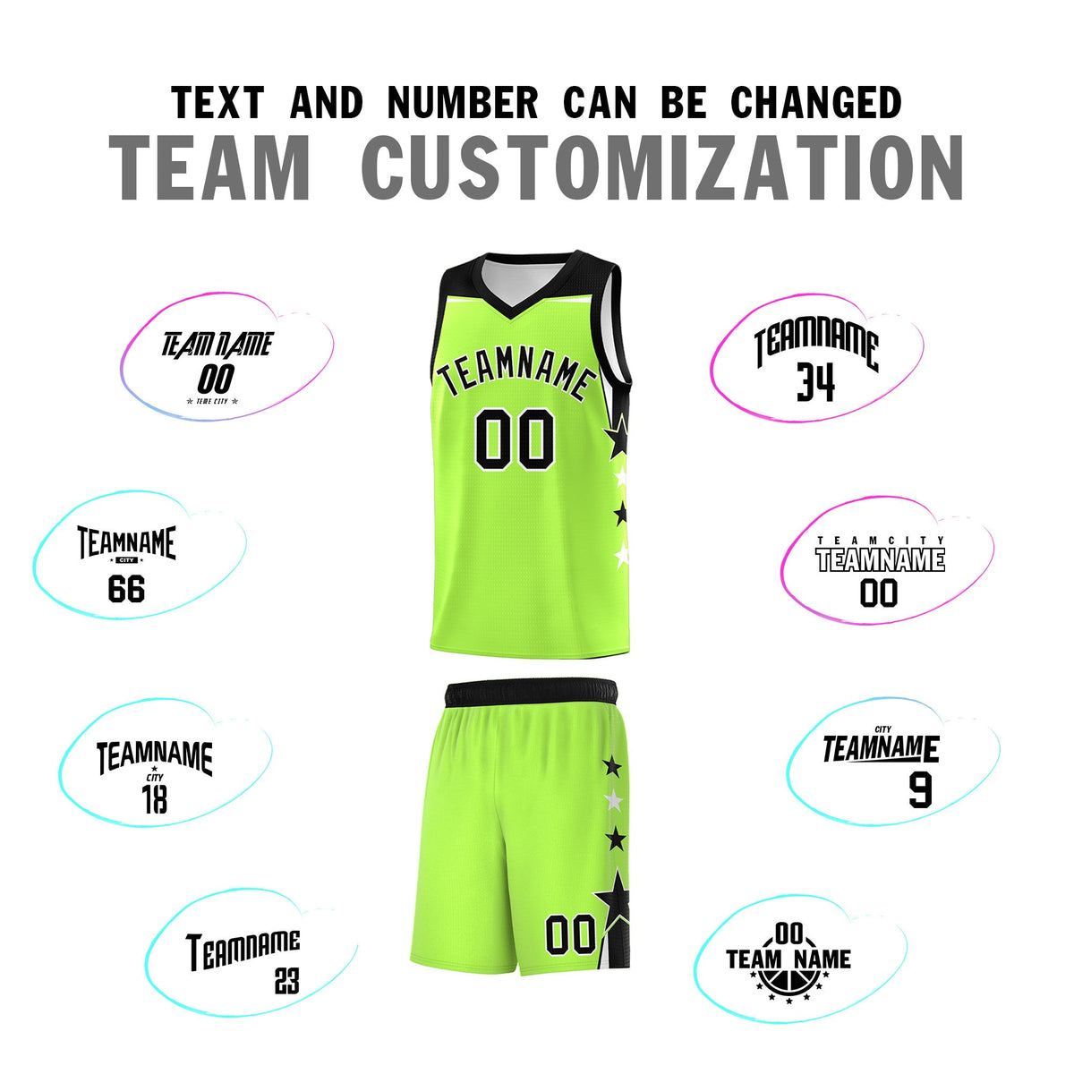 Custom Youth Basketball Uniform Fluorescent Green Black Two Tone Side Star Add Name Number &amp; Logo