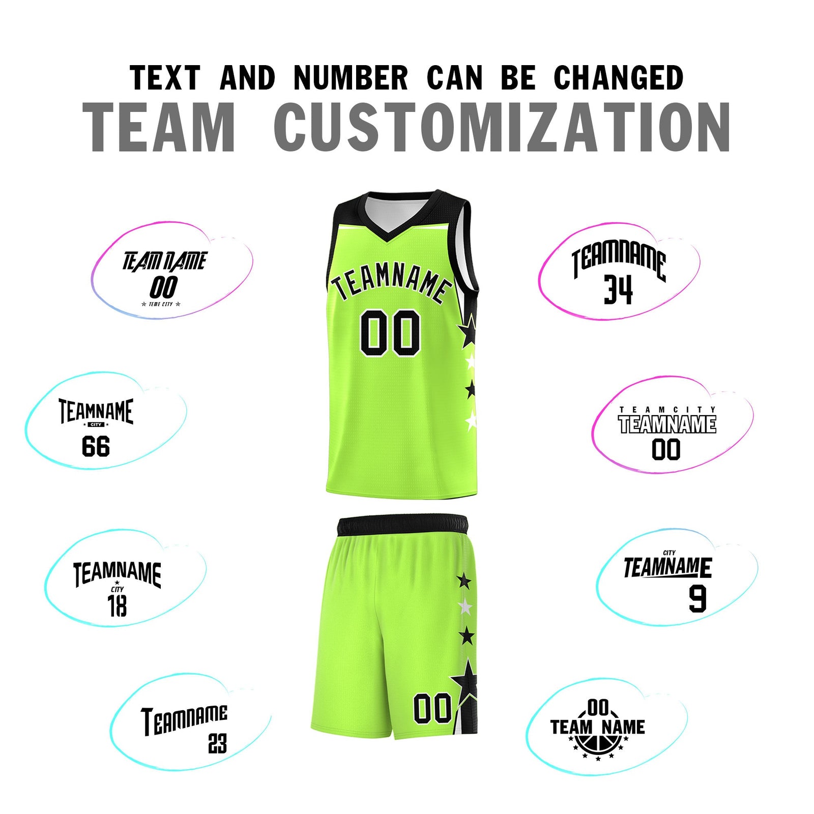 Custom Youth Basketball Uniform Fluorescent Green Black Two Tone Side Star Add Name Number & Logo