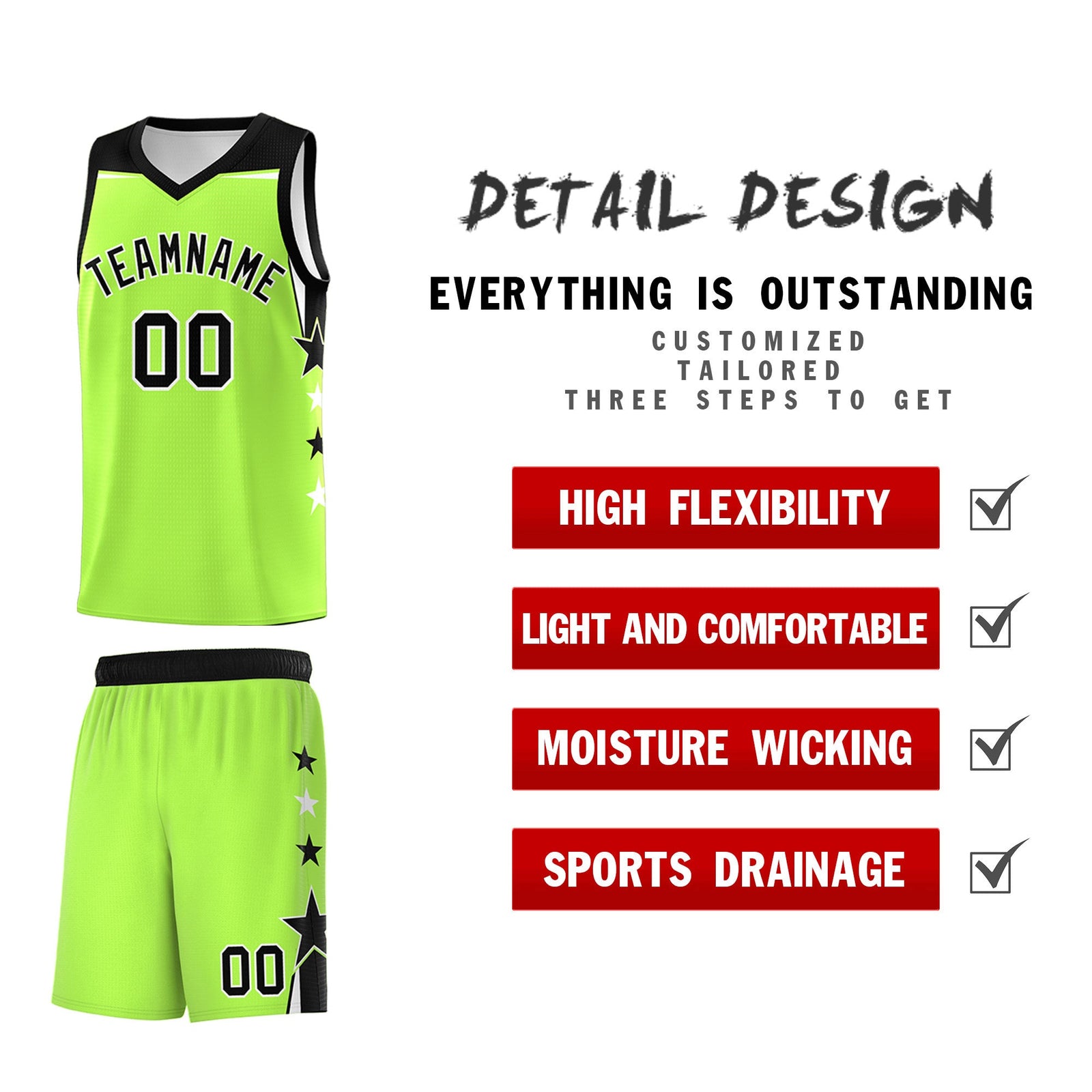 Custom Youth Basketball Uniform Fluorescent Green Black Two Tone Side Star Add Name Number & Logo