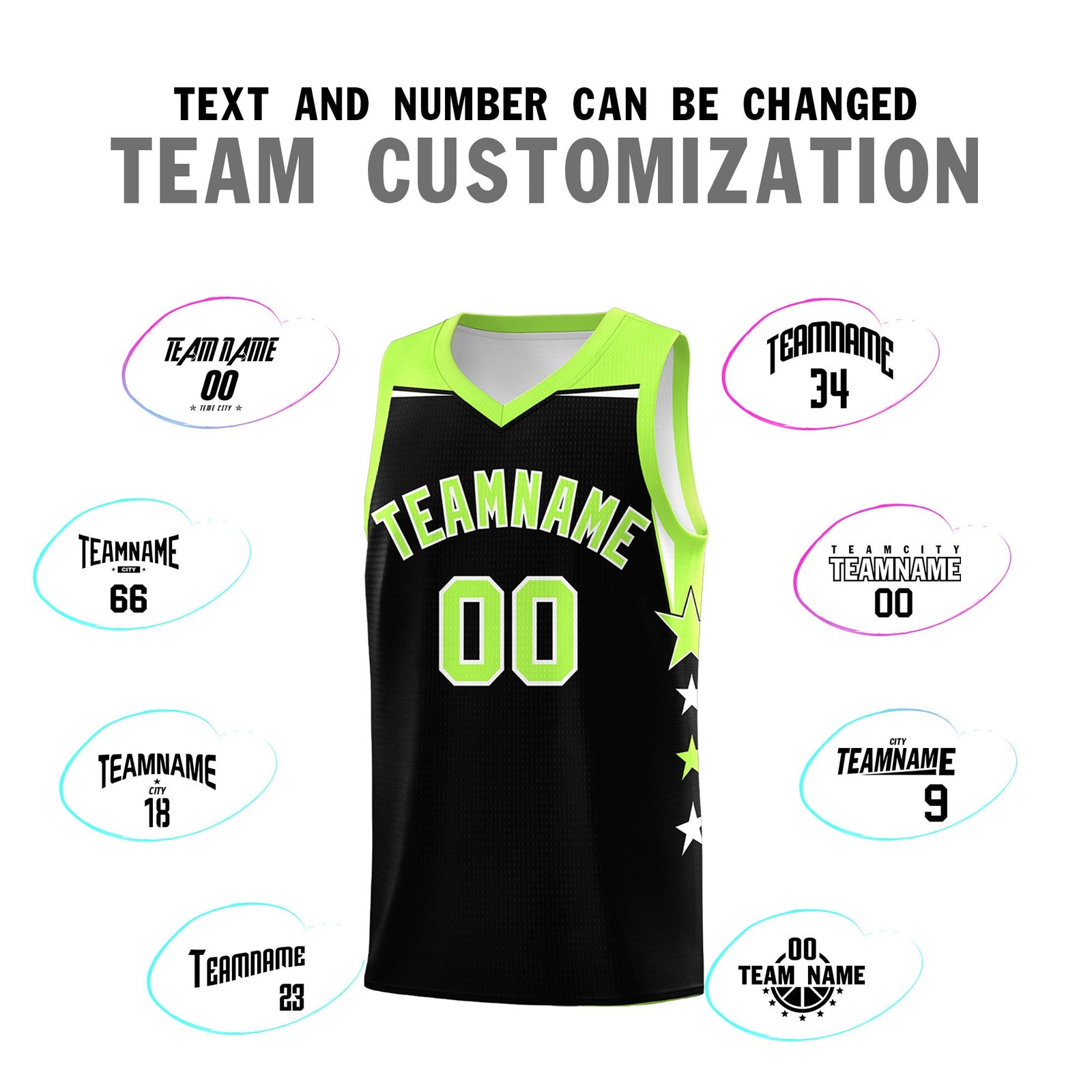 Custom Youth Basketball Uniform Black Fluorescent Green Two Tone Side Star Personalized Team Jersey