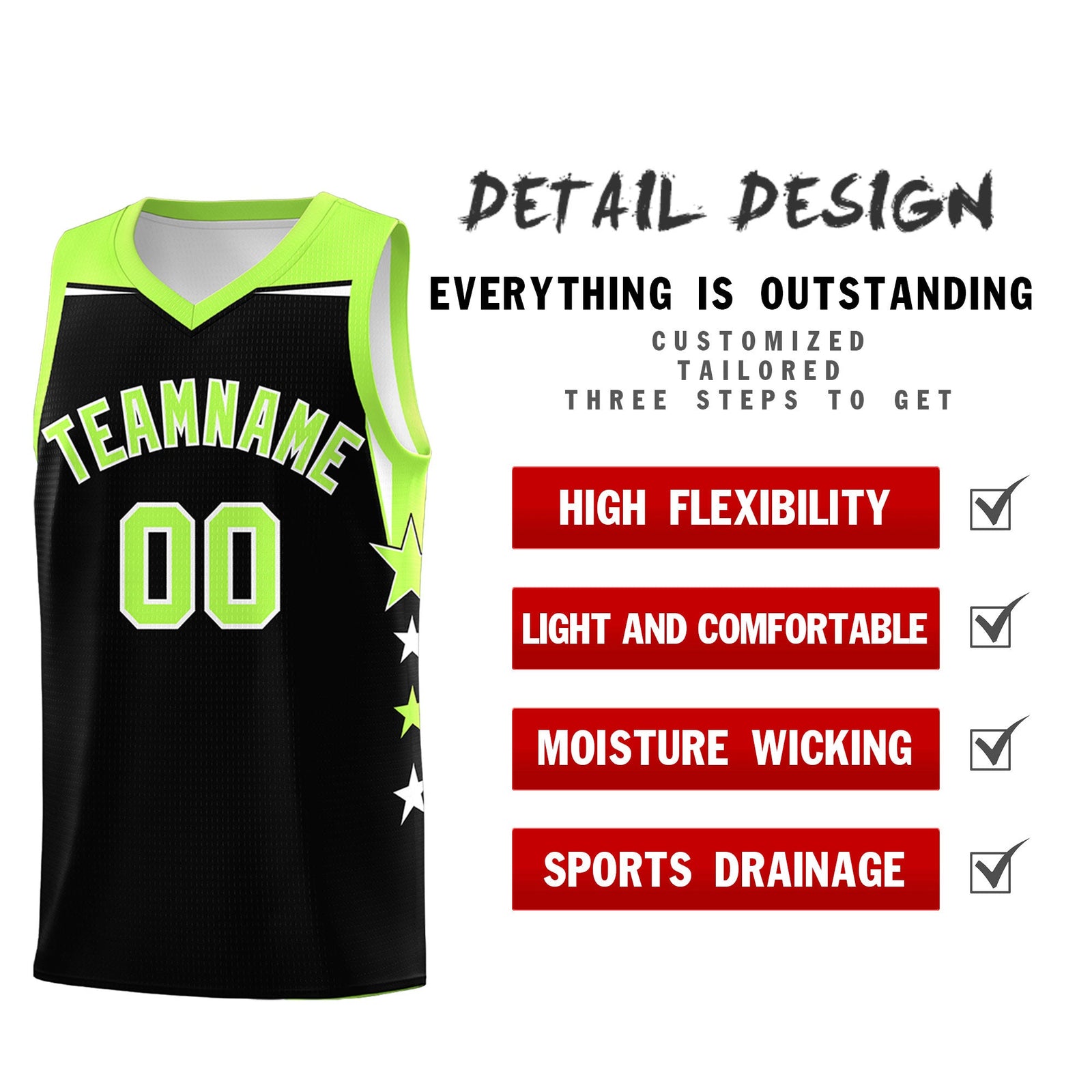 Custom Youth Basketball Uniform Black Fluorescent Green Two Tone Side Star Personalized Team Jersey