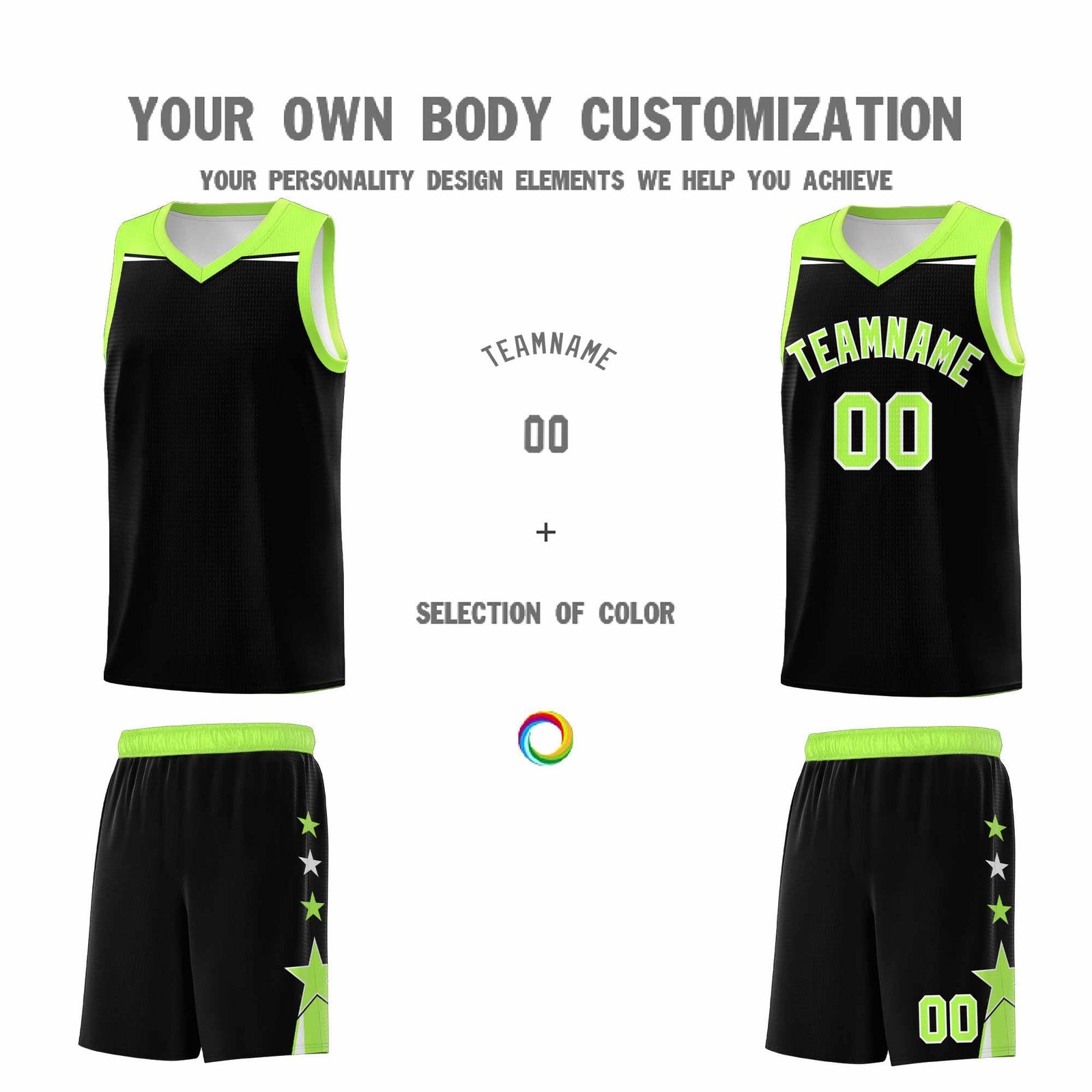 Custom Youth Basketball Uniform Black Fluorescent Green Two Tone Side Star Personalized Team Jersey