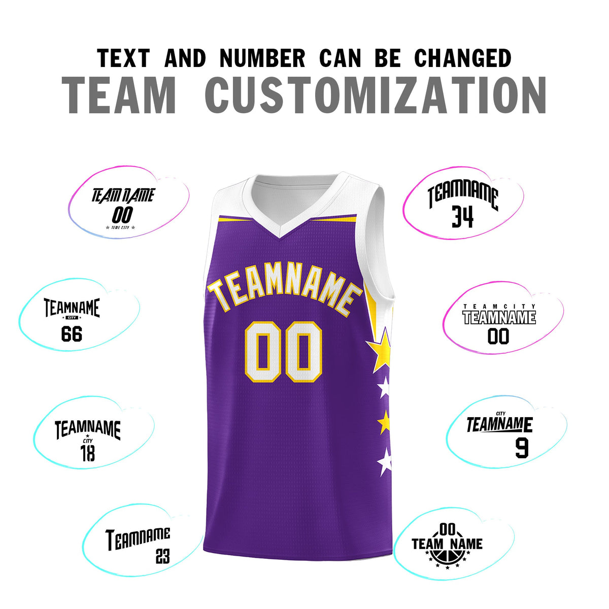 Custom Youth Basketball Uniform Purple White Two Tone Side Star Add Name Number &amp; Logo