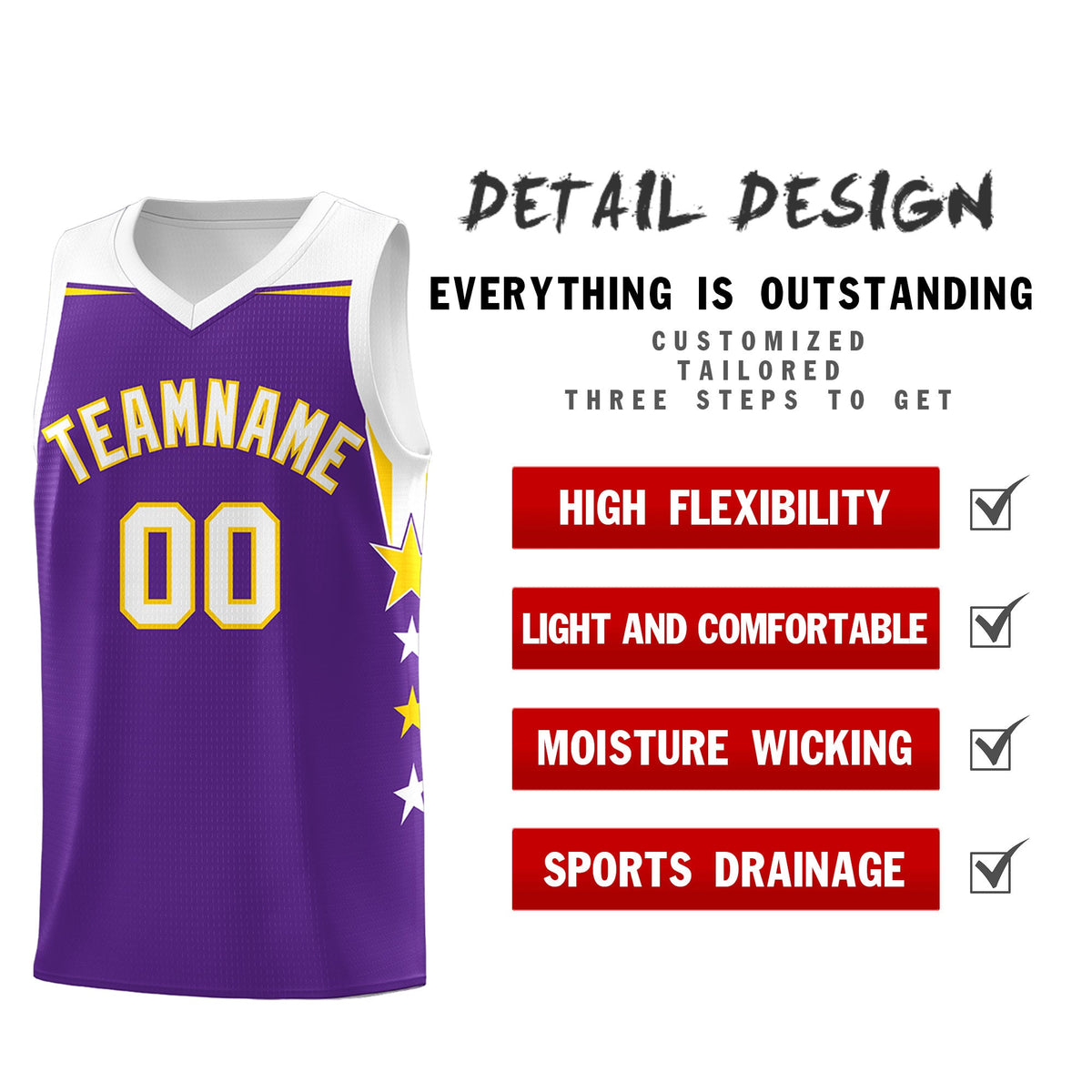 Custom Youth Basketball Uniform Purple White Two Tone Side Star Add Name Number &amp; Logo