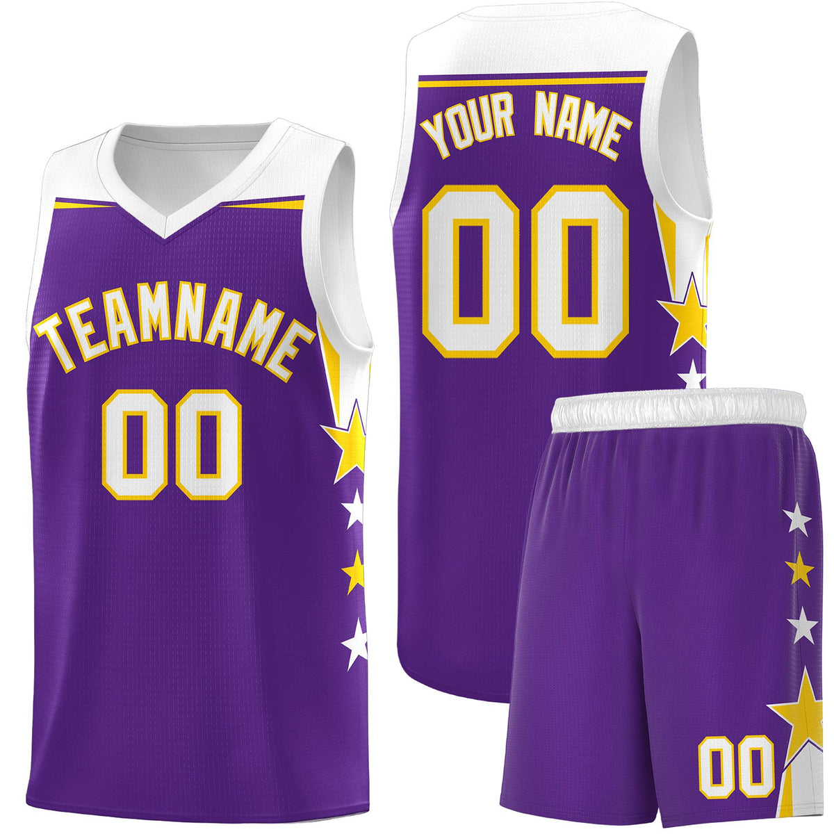 Custom Youth Basketball Uniform Purple White Two Tone Side Star Add Name Number &amp; Logo