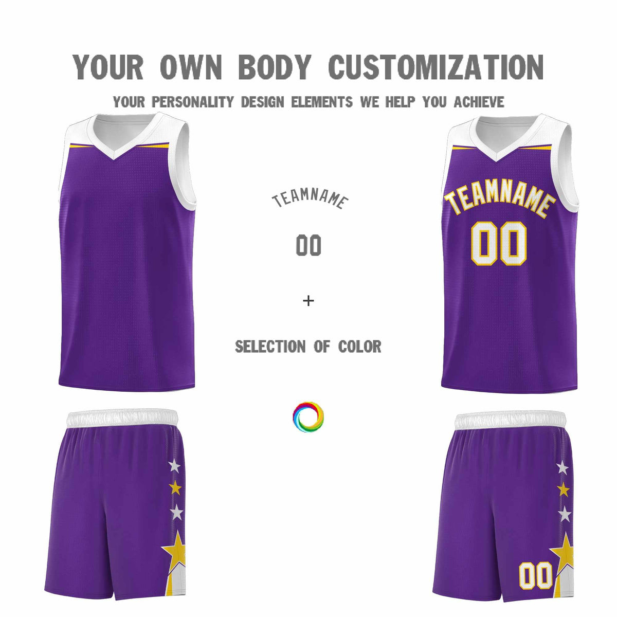 Custom Youth Basketball Uniform Purple White Two Tone Side Star Add Name Number &amp; Logo