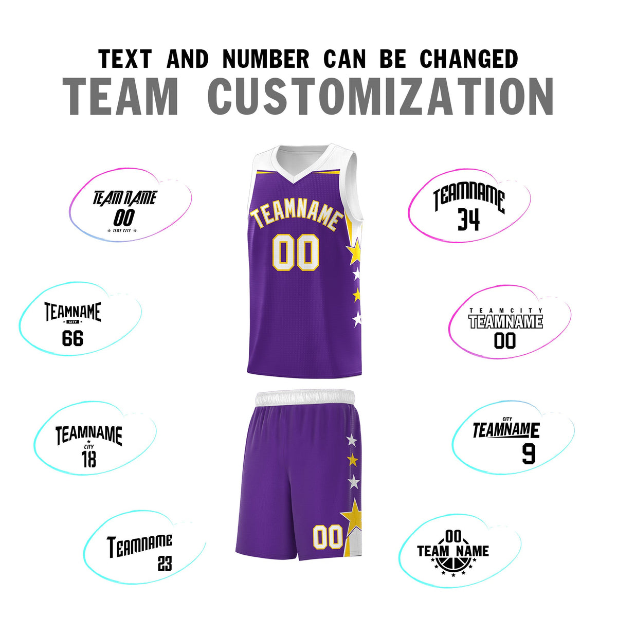 Custom Youth Basketball Uniform Purple White Two Tone Side Star Add Name Number &amp; Logo