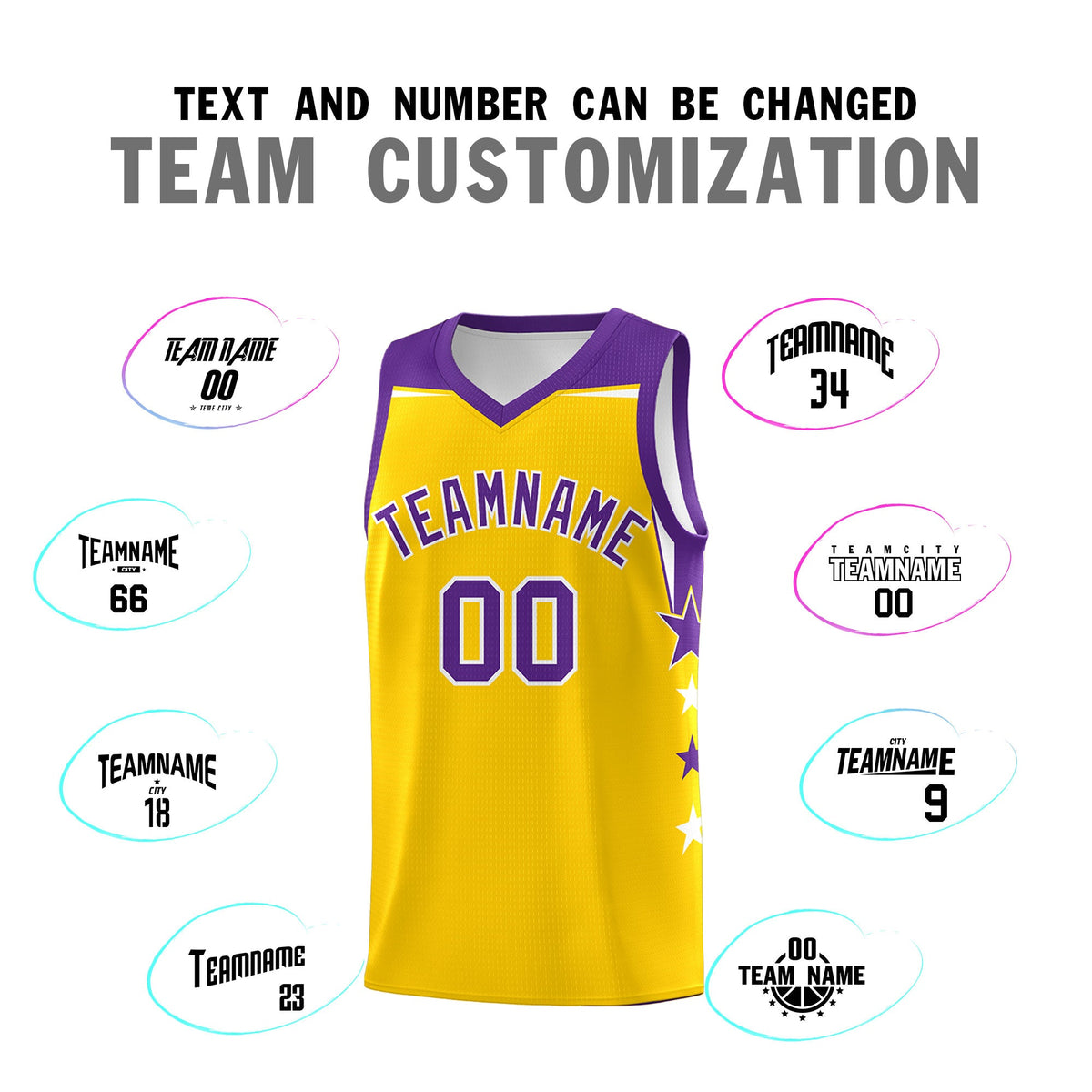 Custom Youth Basketball Uniform Gold Purple Two Tone Side Star Personalized Team Jersey