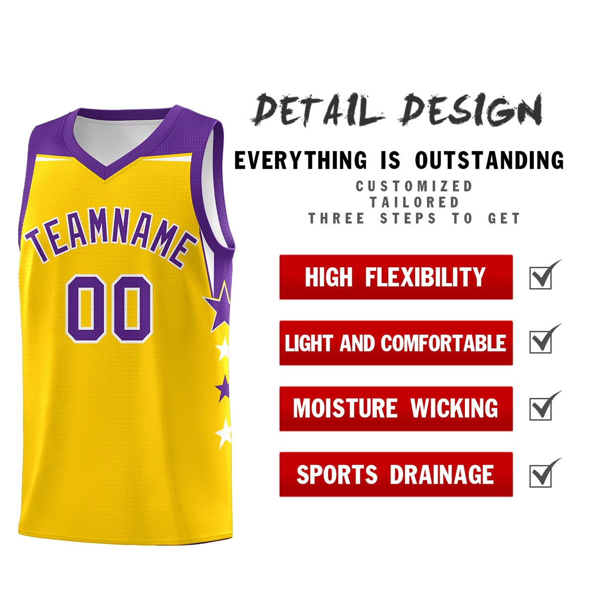 Custom Youth Basketball Uniform Gold Purple Two Tone Side Star Personalized Team Jersey