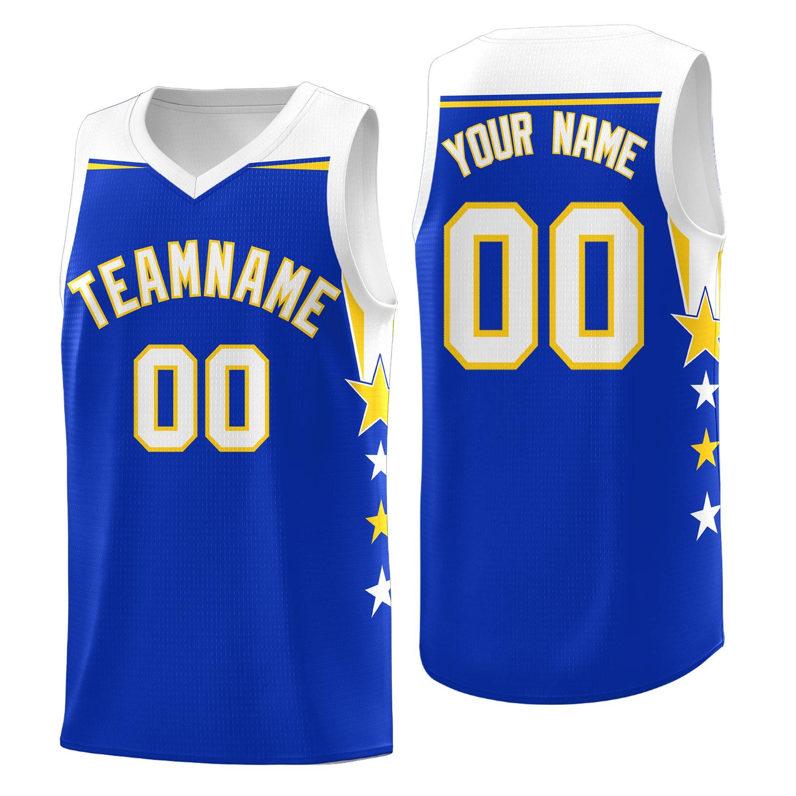 Custom Youth Basketball Uniform Royal White Two Tone Side Star Add Name Number & Logo