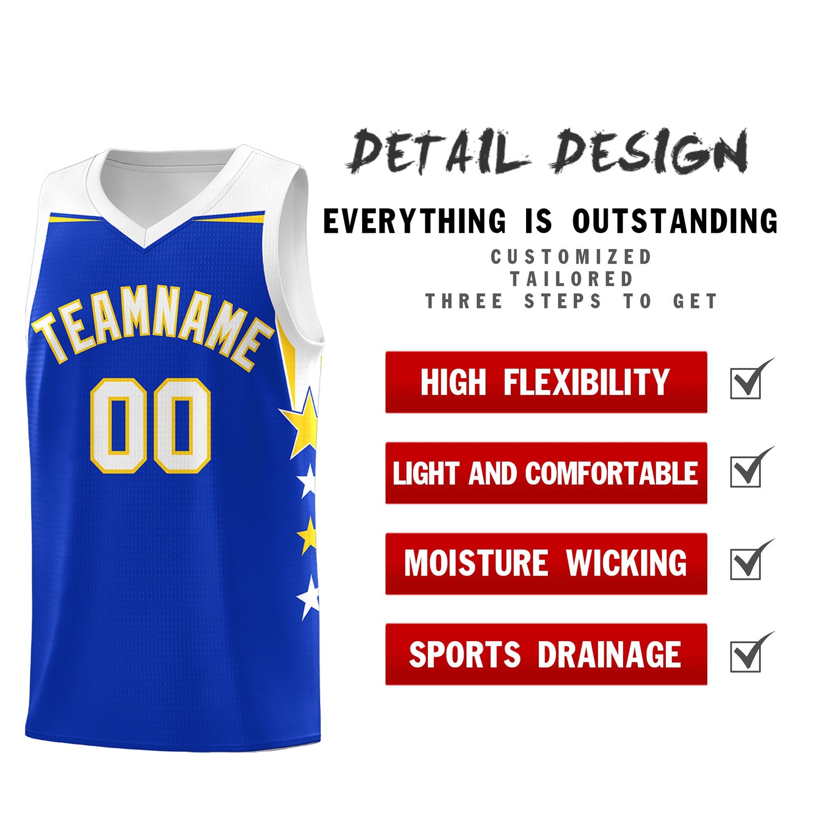 Custom Youth Basketball Uniform Royal White Two Tone Side Star Add Name Number & Logo
