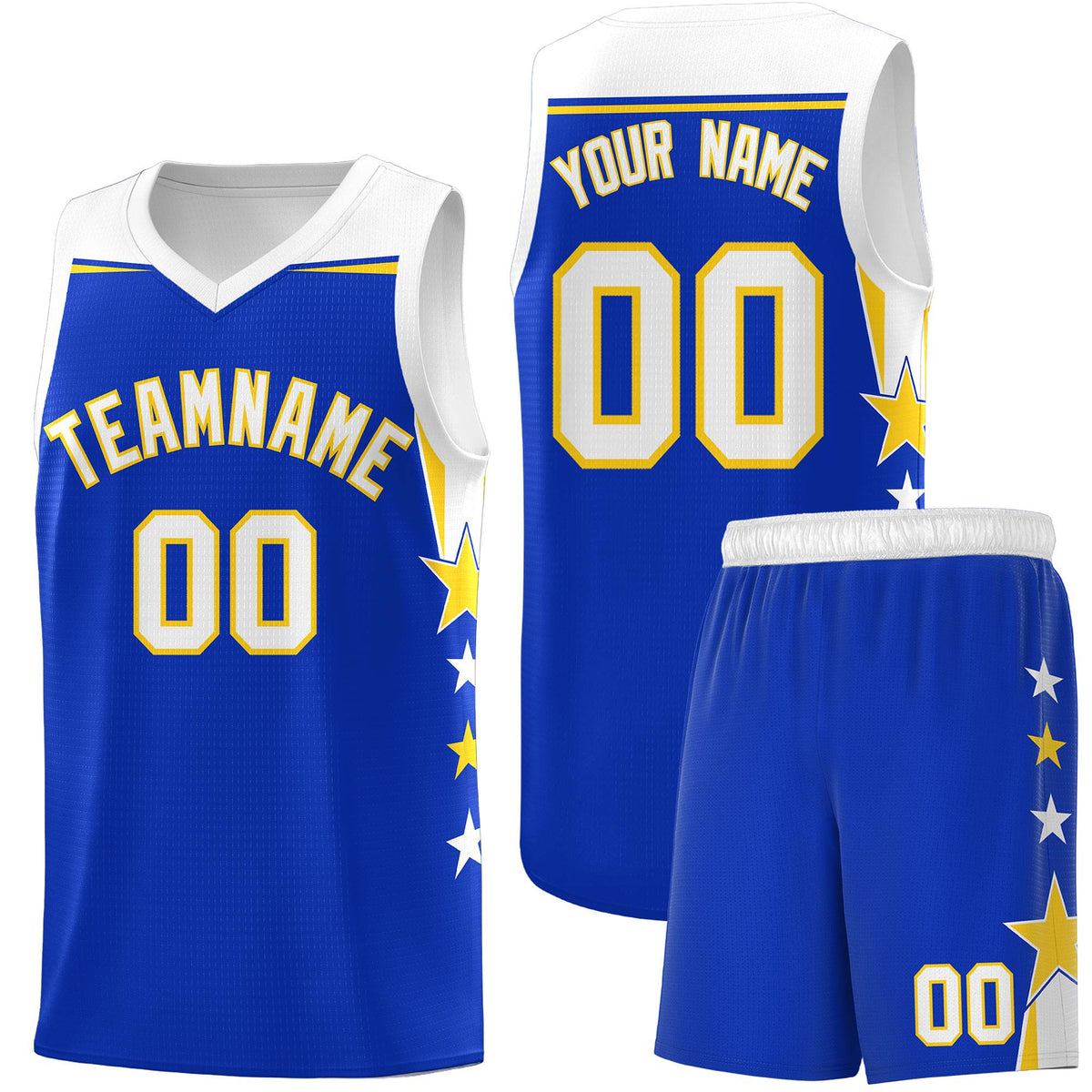 Custom Youth Basketball Uniform Royal White Two Tone Side Star Add Name Number & Logo