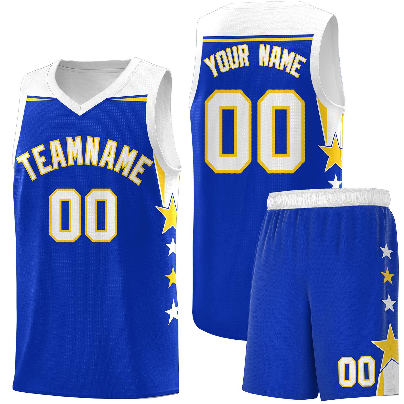 Custom Youth Basketball Uniform Royal White Two Tone Side Star Add Name Number & Logo