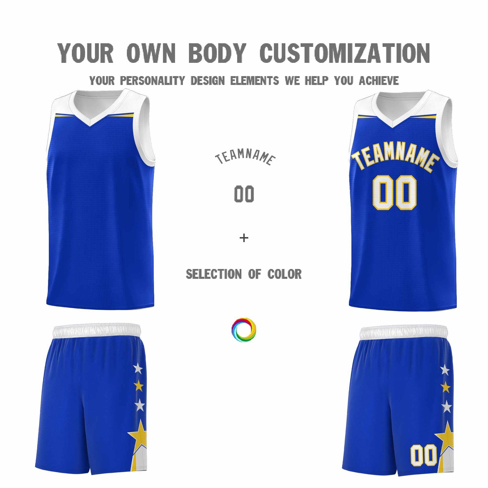 Custom Youth Basketball Uniform Royal White Two Tone Side Star Add Name Number & Logo